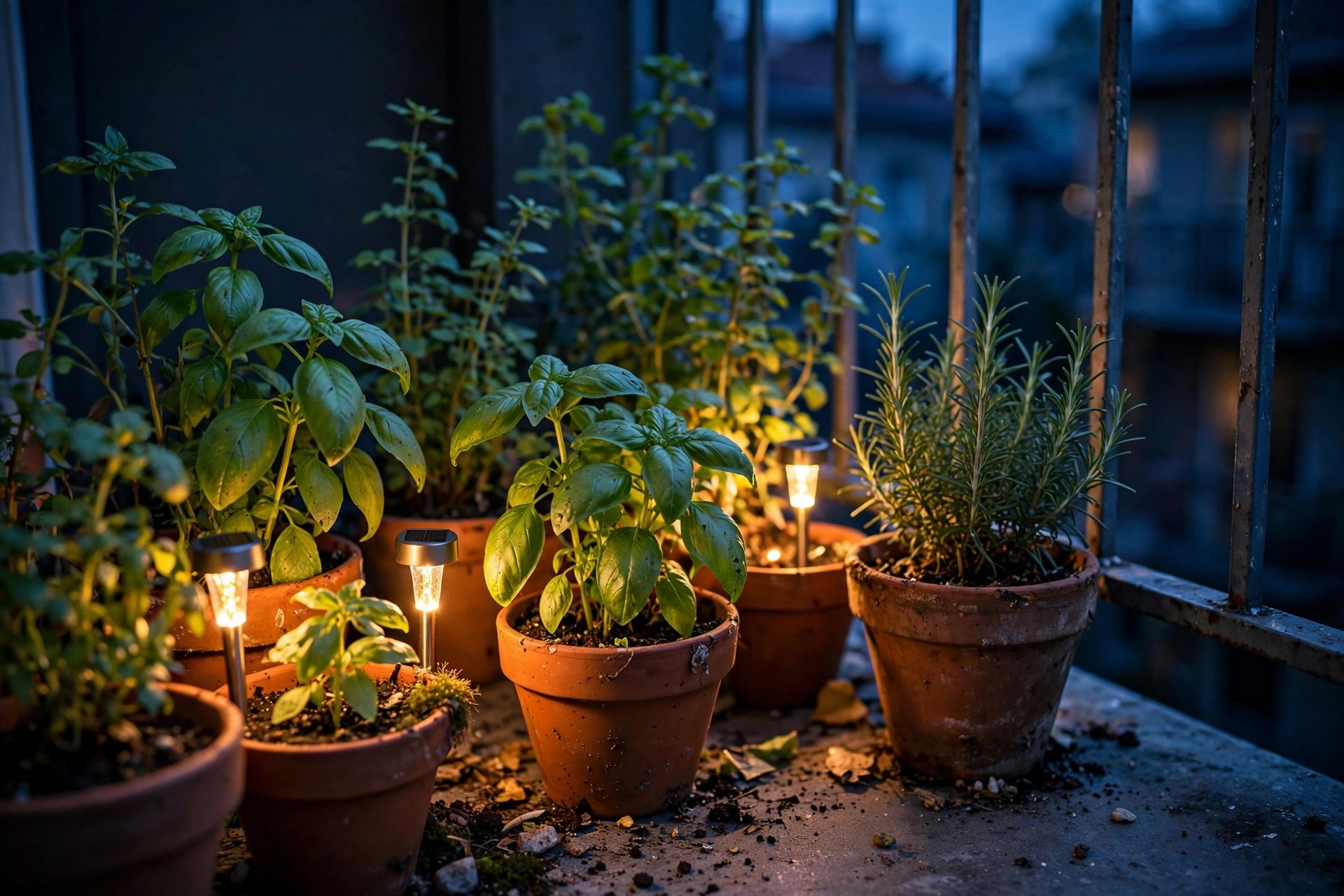Solar stake lights glowing softly among herb pots in an apartment balcony herb garden at dusk
