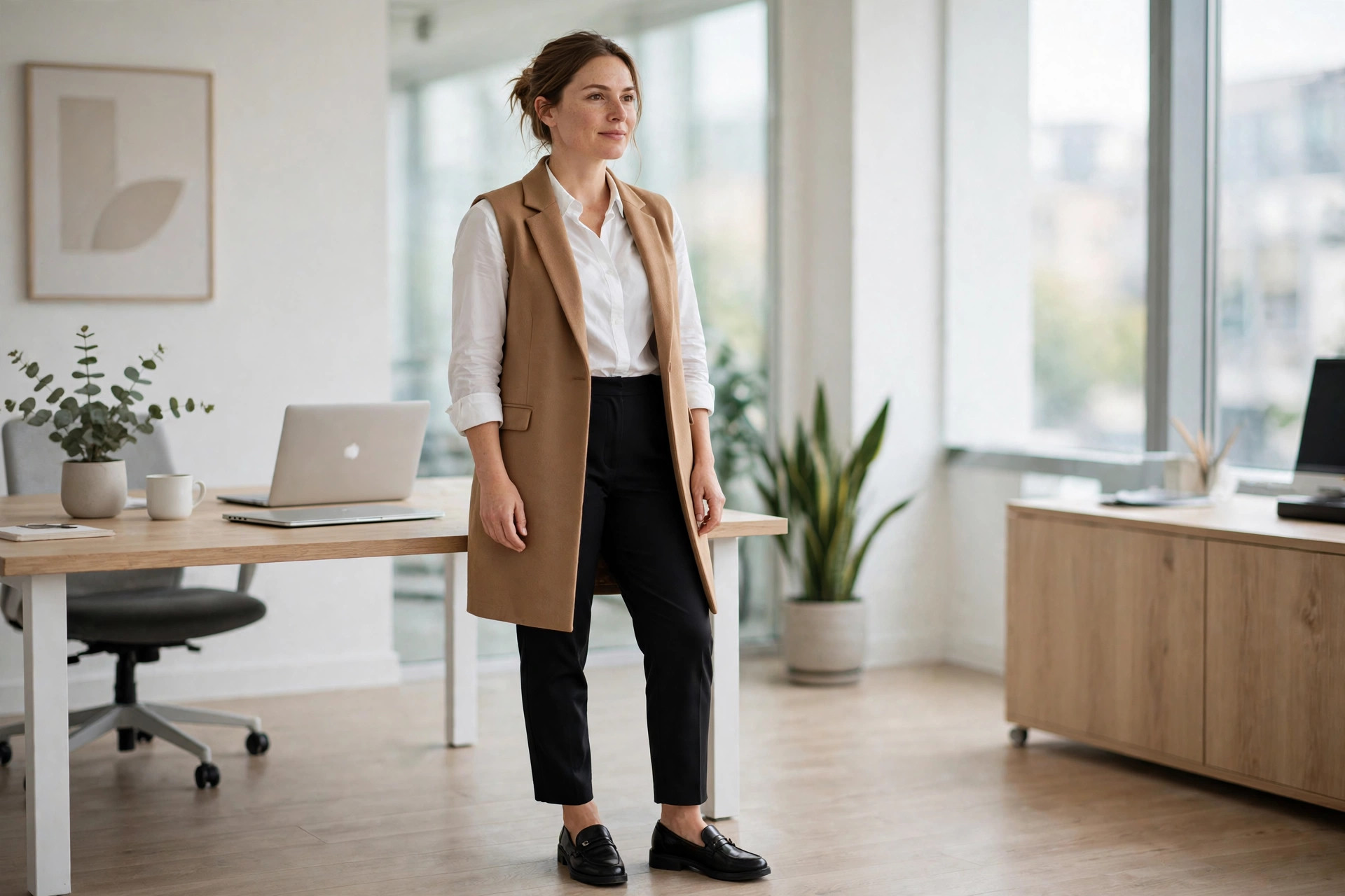 Woman wearing a camel longline tailored vest over a white shirt and black trousers in an office