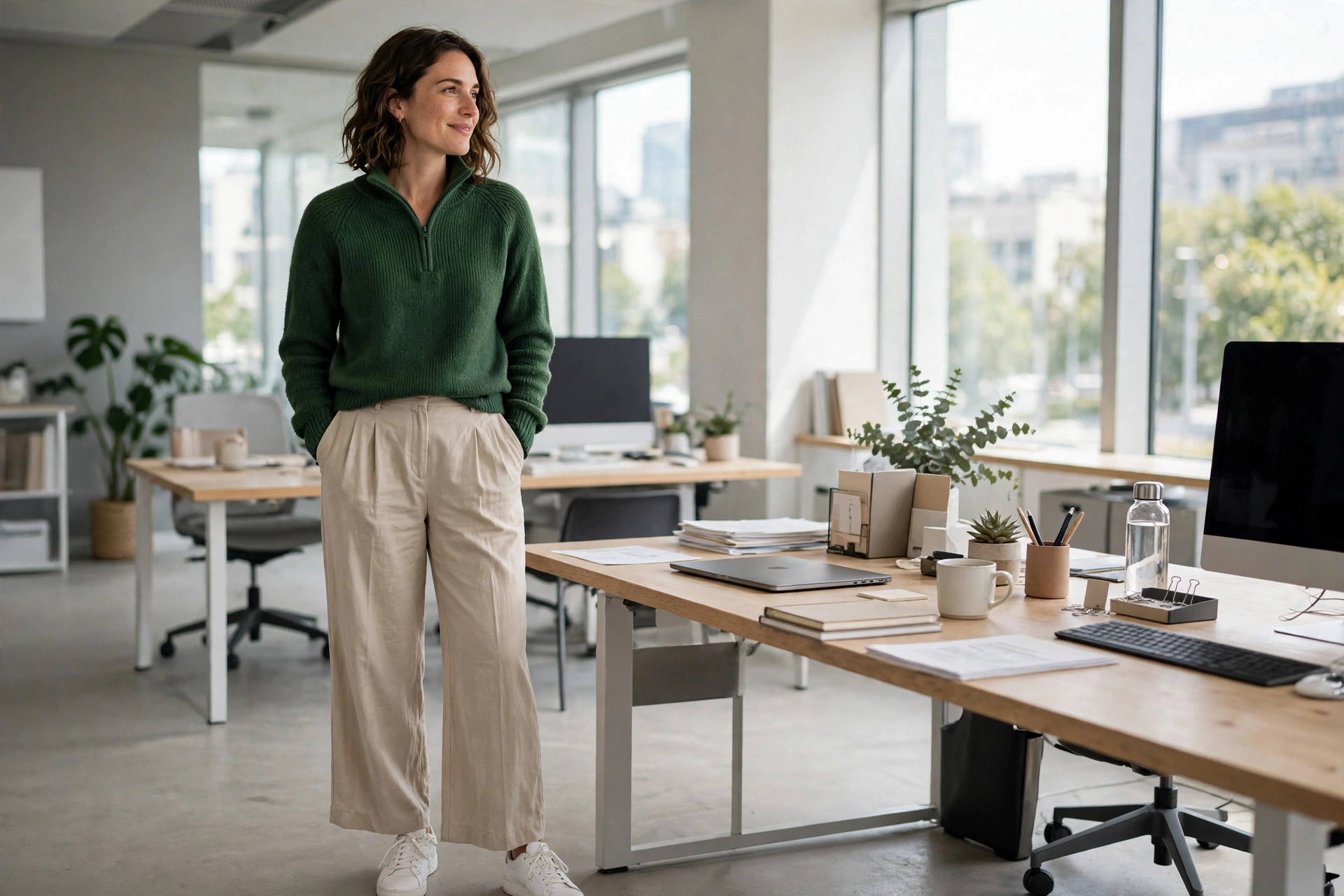 Forest green quarter-zip knit sweater with beige pleated trousers and white sneakers