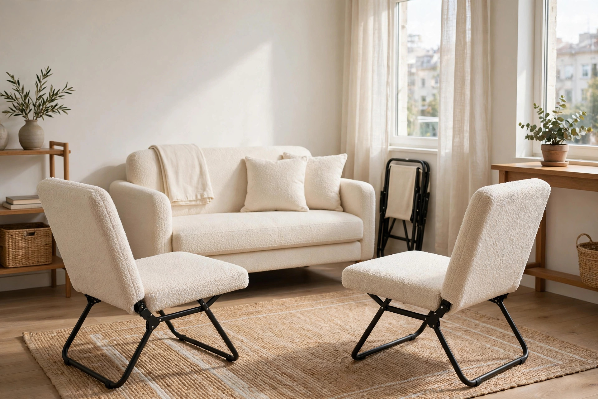 Two cream boucle folding accent chairs facing a loveseat on a woven rug in a bright apartment living room
