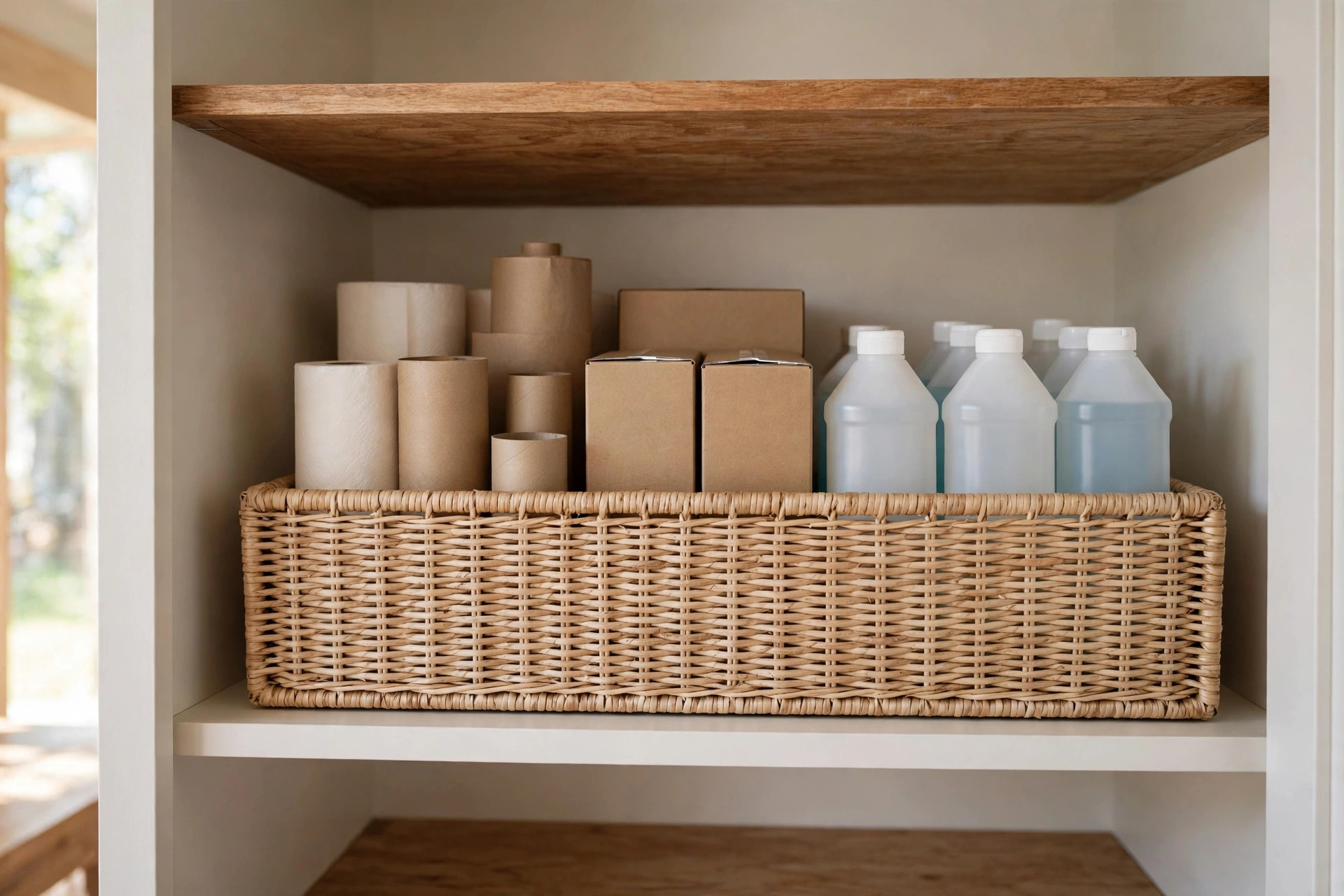 Woven basket on a pantry shelf holding kitchen rolls, plain boxes and cleaning refill bottles