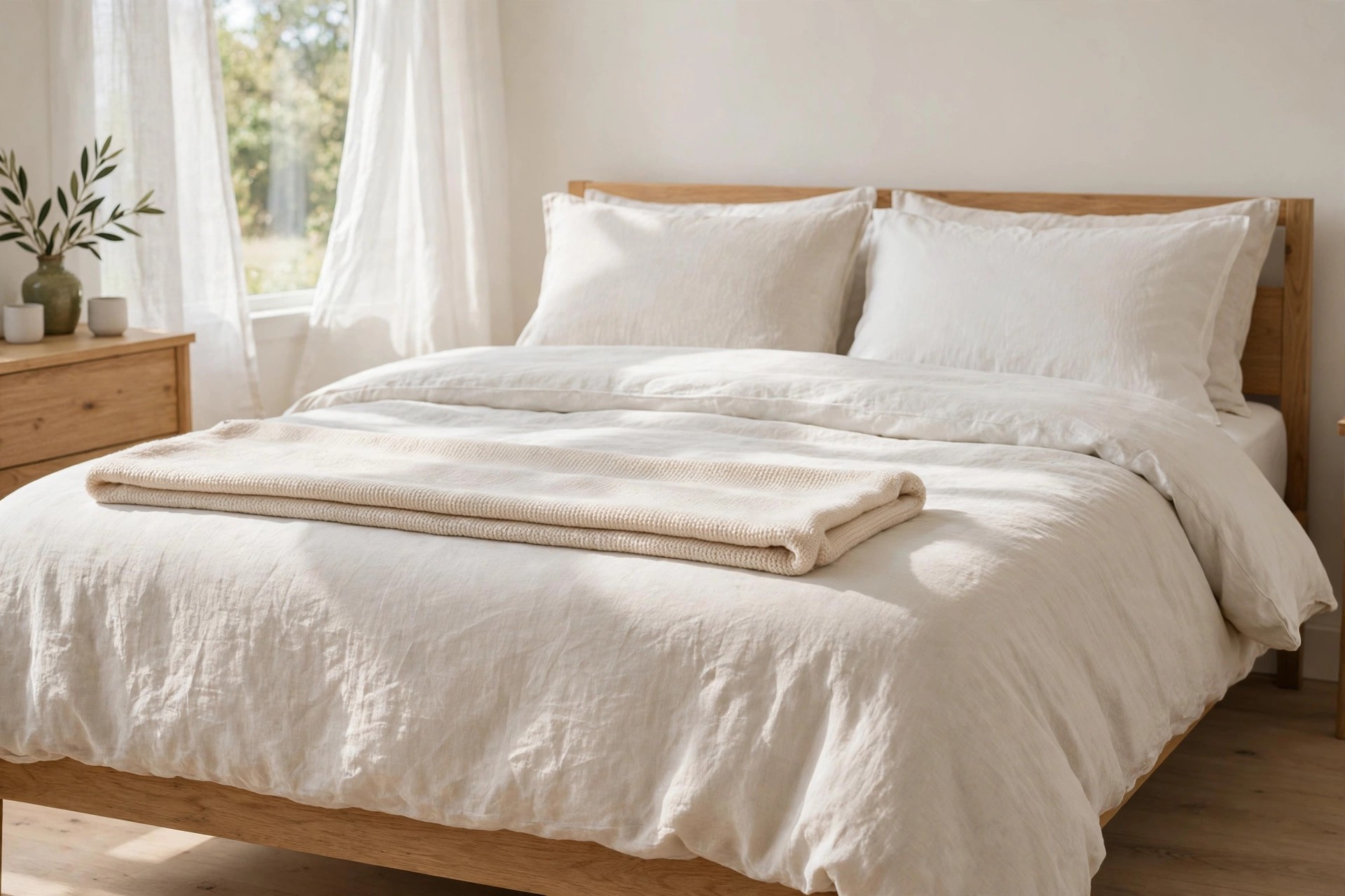 Neatly made bed with a light duvet, a folded throw and light pillows in bright natural light