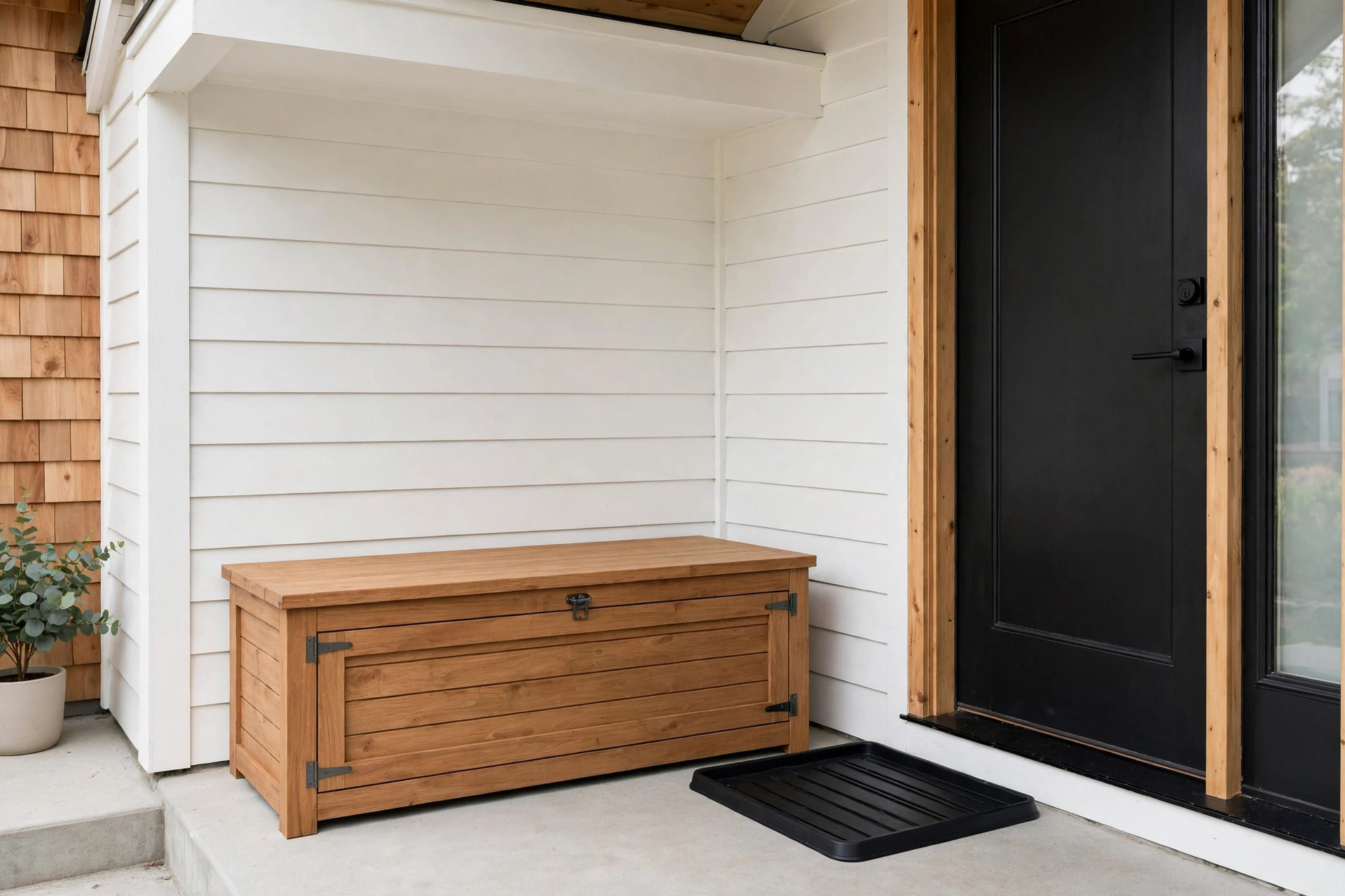 Wooden storage bench with a closed lid and a boot tray beside a black front door on a tidy small porch