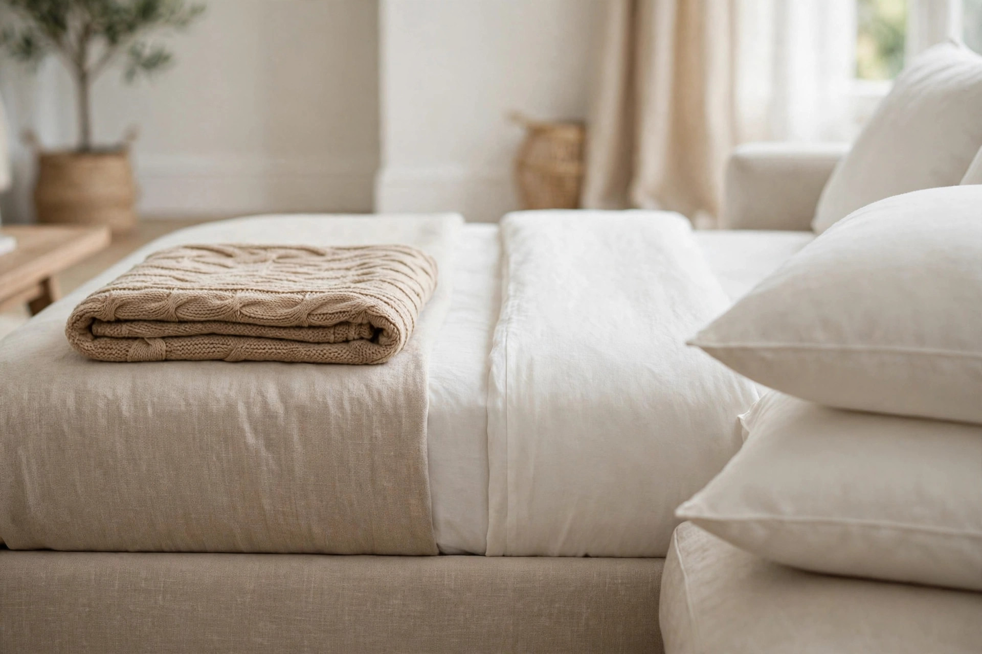 Folded knitted throw at the foot of a made-up sofa bed with spare pillows, a warm sofa bed living room idea