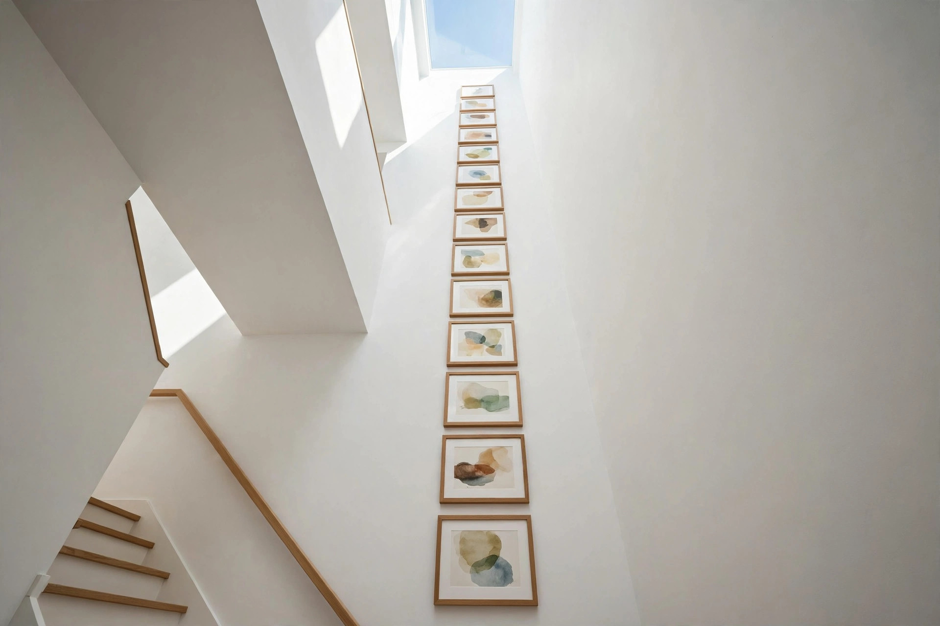 Tall narrow stairwell wall with a vertical column of stacked framed art