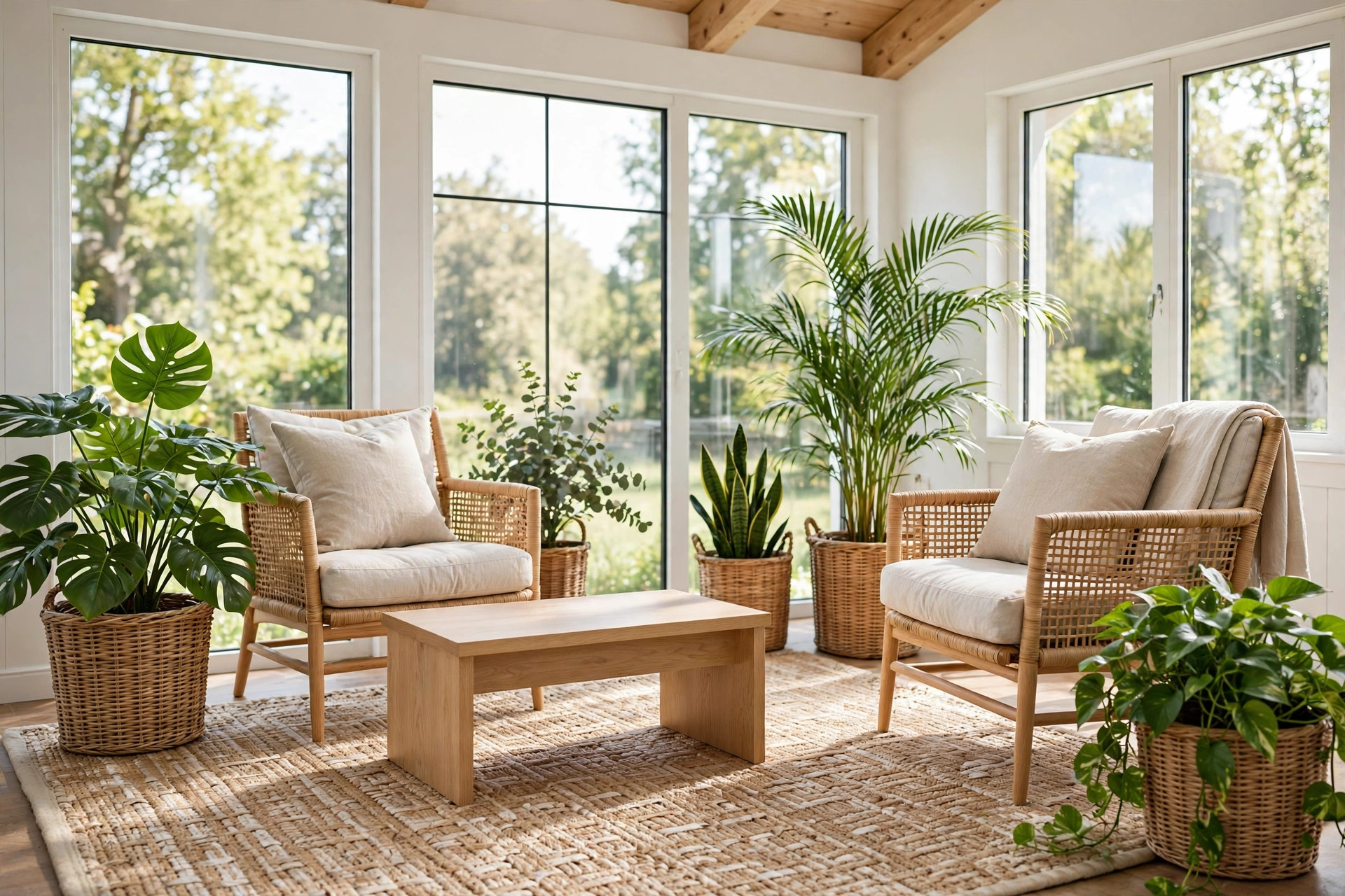 Sunroom seating on a natural woven rug with wicker basket planters, rattan chairs and lush green plants