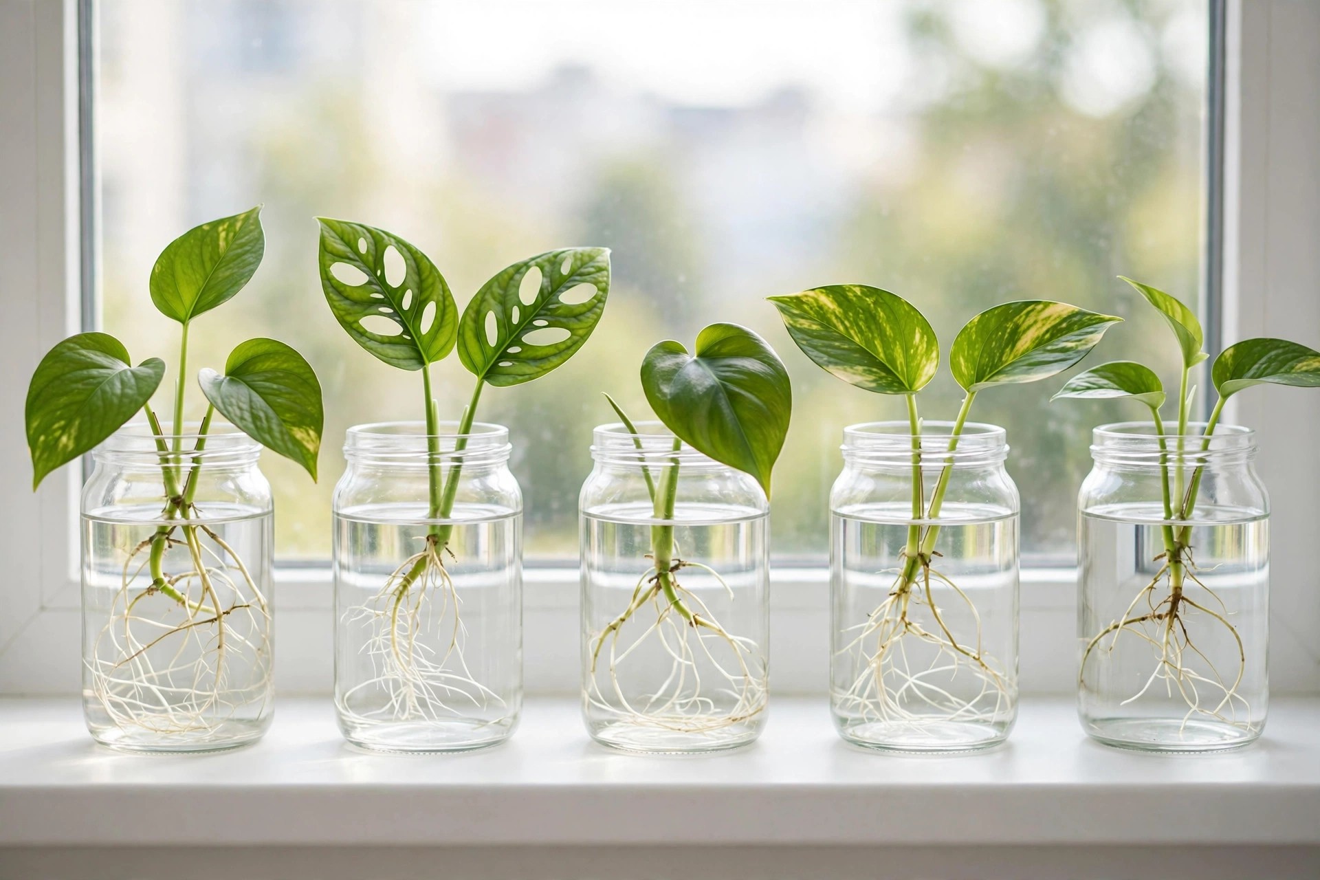 Propagation station with plant cuttings rooting in clear glass jars of water on a bright windowsill