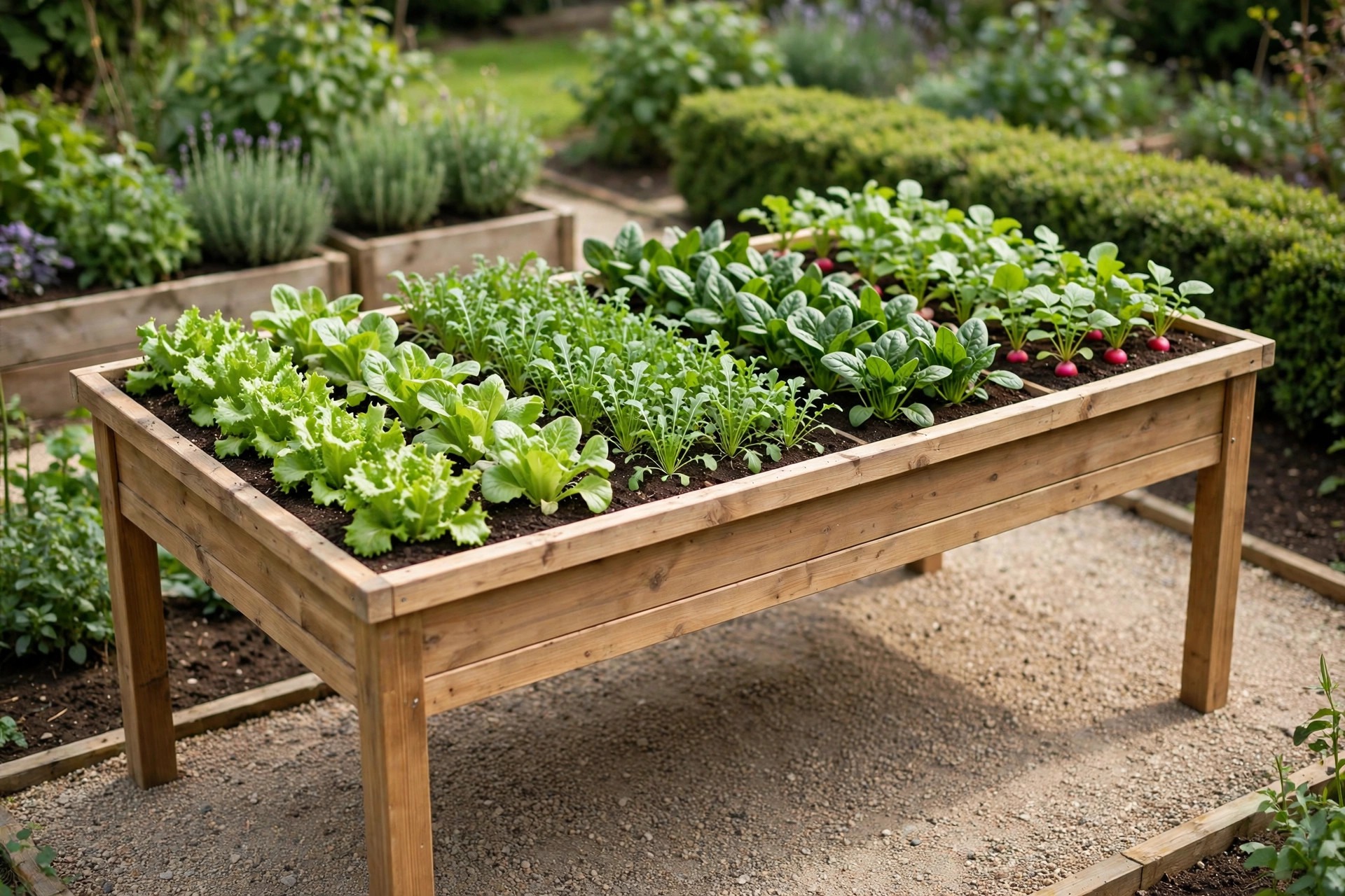 Waist-high salad table growing neat rows of lettuce, rocket, spinach and radishes