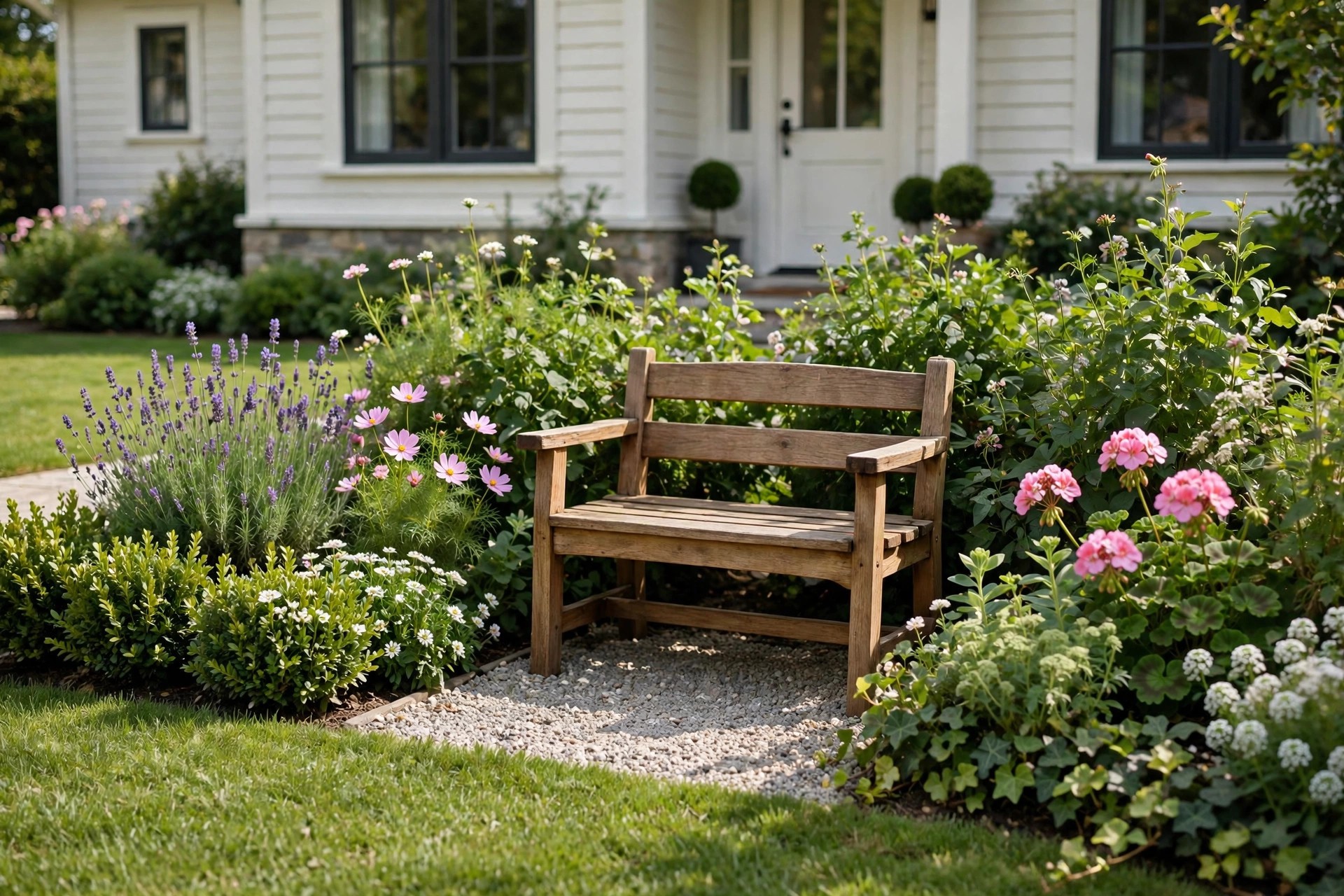 Wooden bench tucked into flowering planting on a gravel pad in a front garden