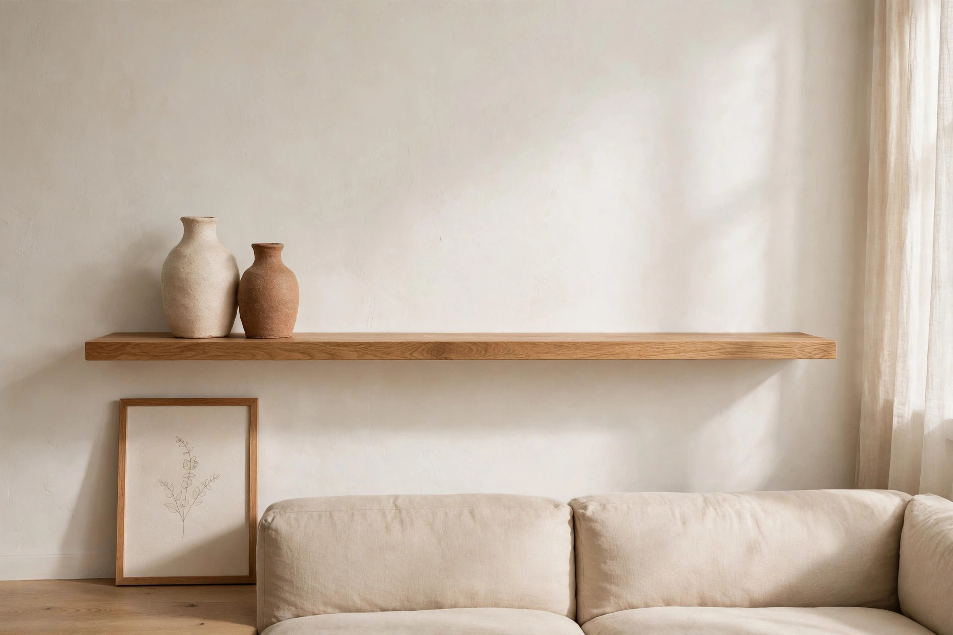 Floating oak shelf styled mostly empty with two ceramic vases in a minimalist brown living room
