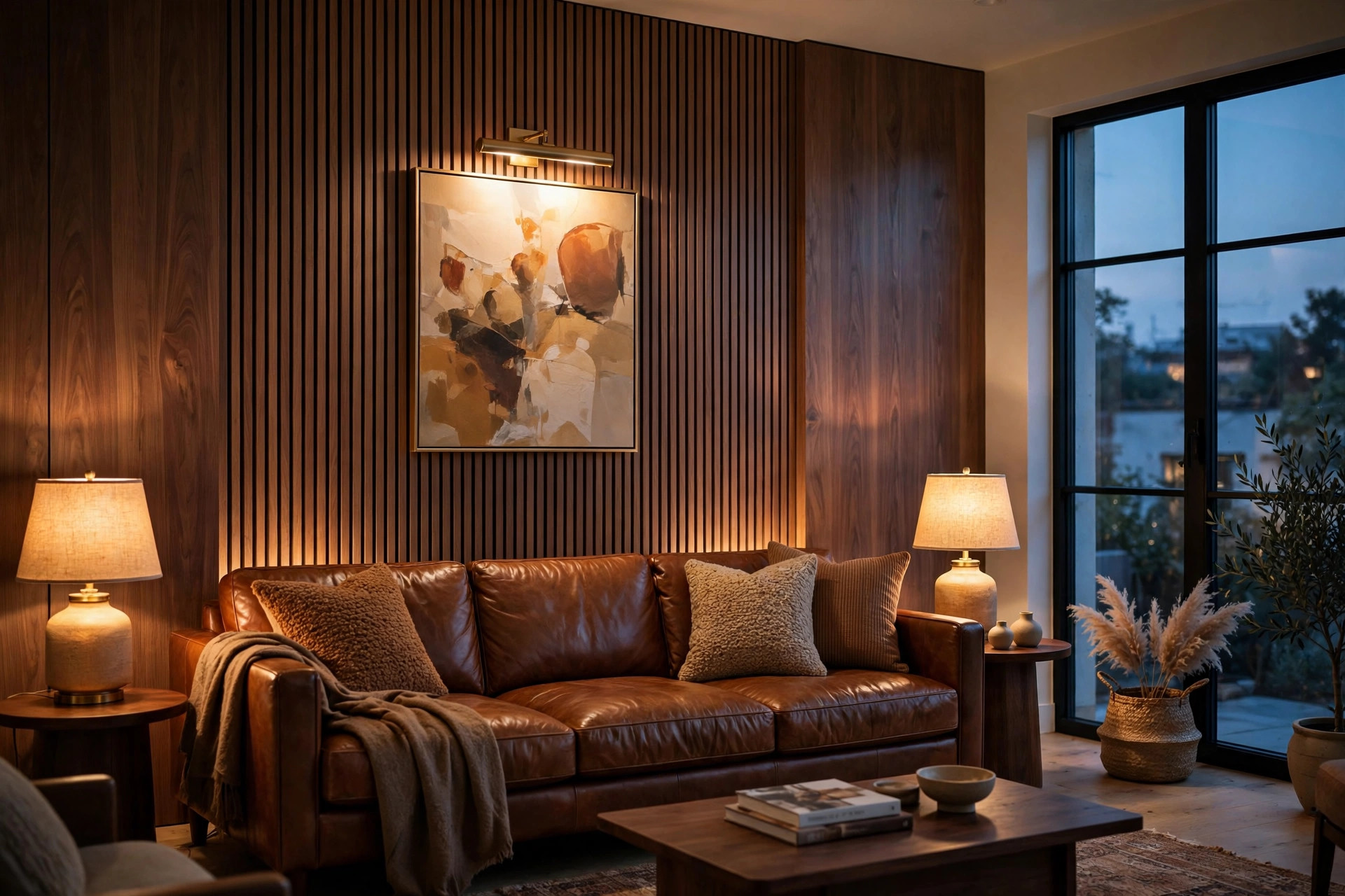 Layered warm lighting in a modern brown living room at dusk with table and picture lamps