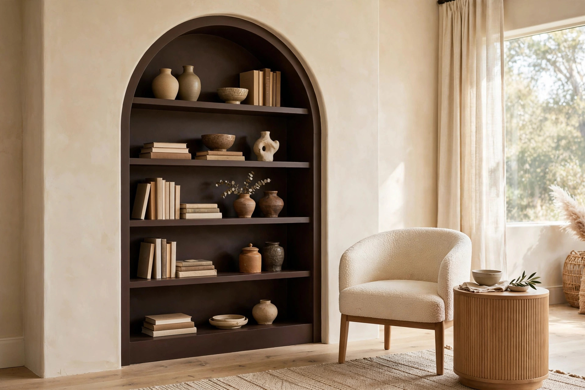 Arched bookcase niche painted deep brown in a contemporary living room with rounded furniture