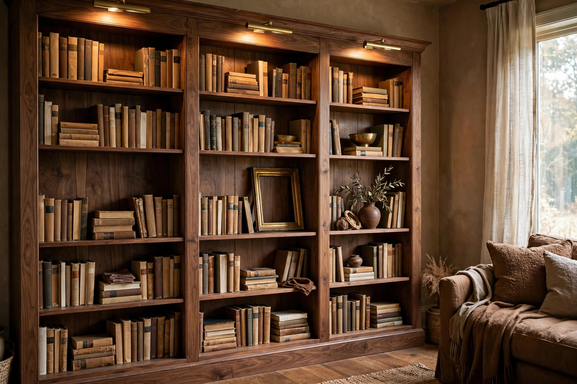 Walnut bookcase with brass picture lights and gold-toned ceramics in a brown living room