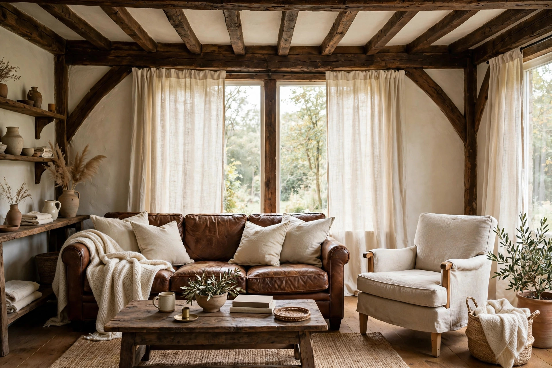 Bright rustic brown living room with cream linen curtains and canvas cushions balancing dark wood