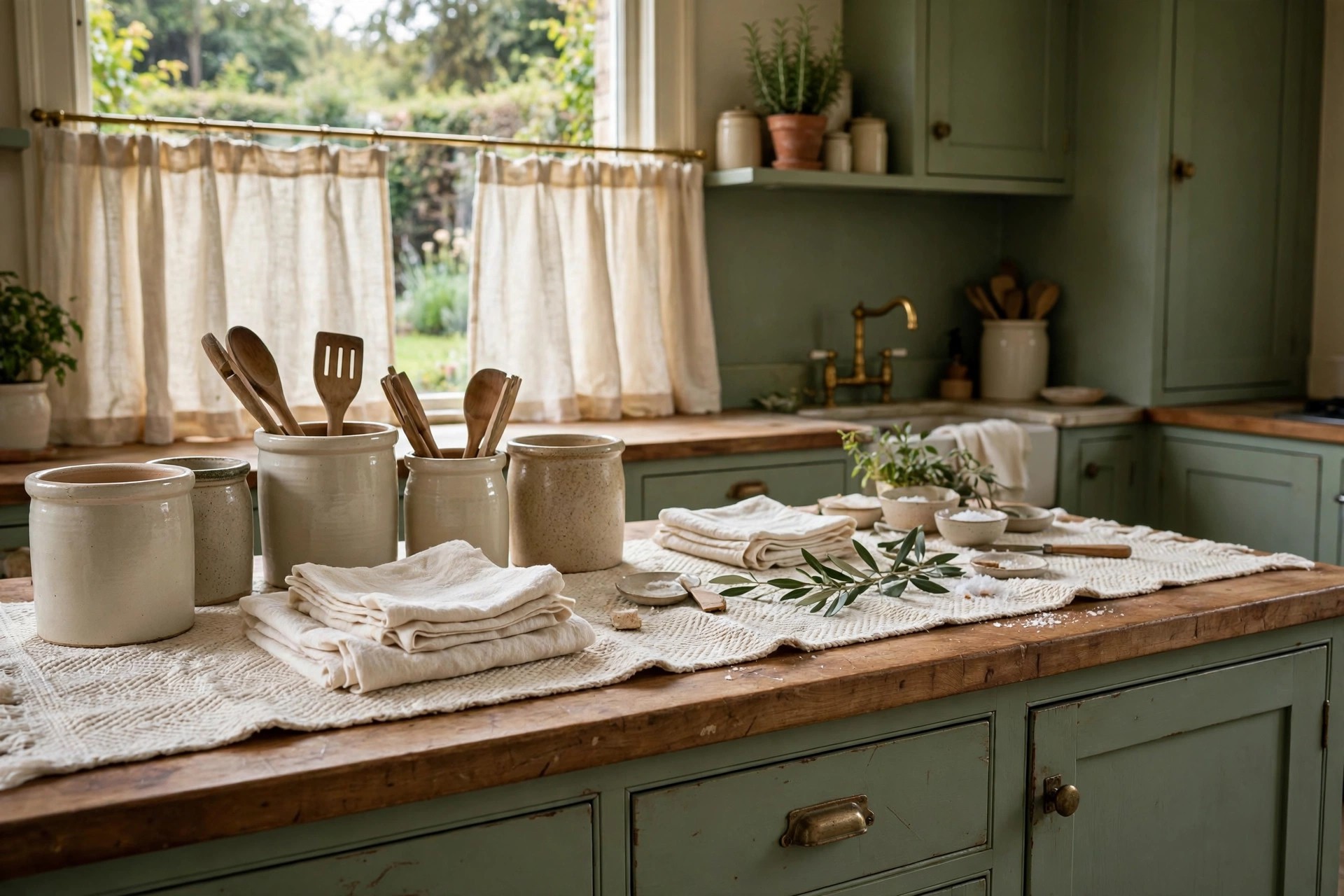 Sage green kitchen with cream linen cafe curtains and a woven runner
