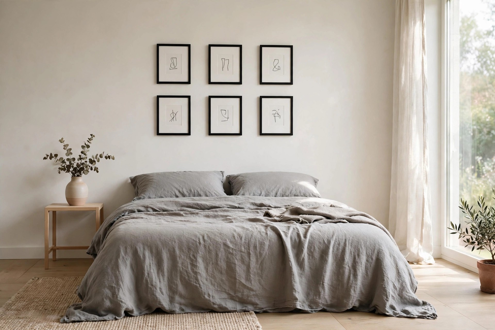 Neat grid of six small black framed prints above a bed with no headboard and grey linen bedding
