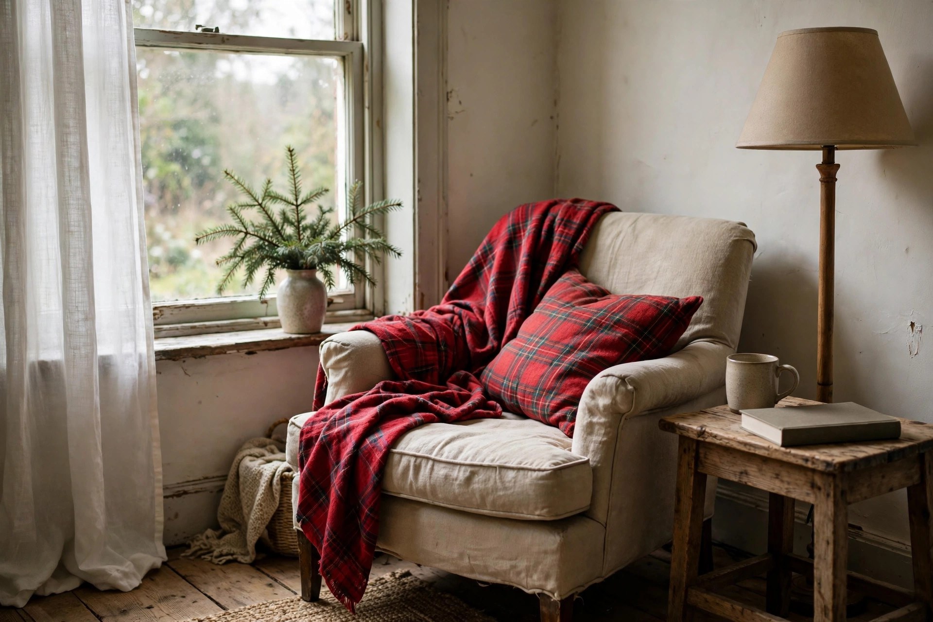 Cozy reading corner in a Christmas bedroom with an armchair, plaid throw and a small side table