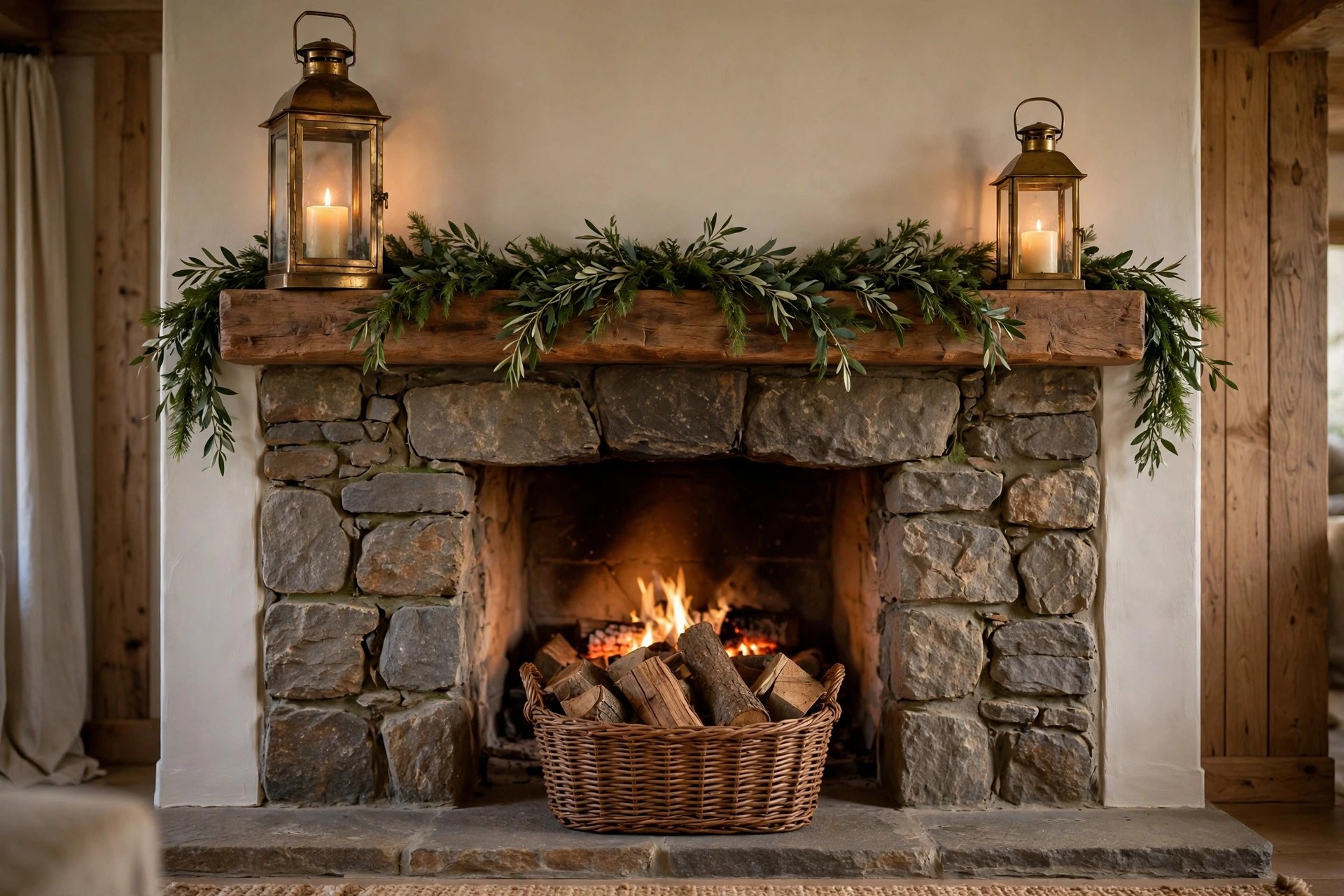 Fireplace flanked by gold lanterns with pillar candles and a woven basket of logs