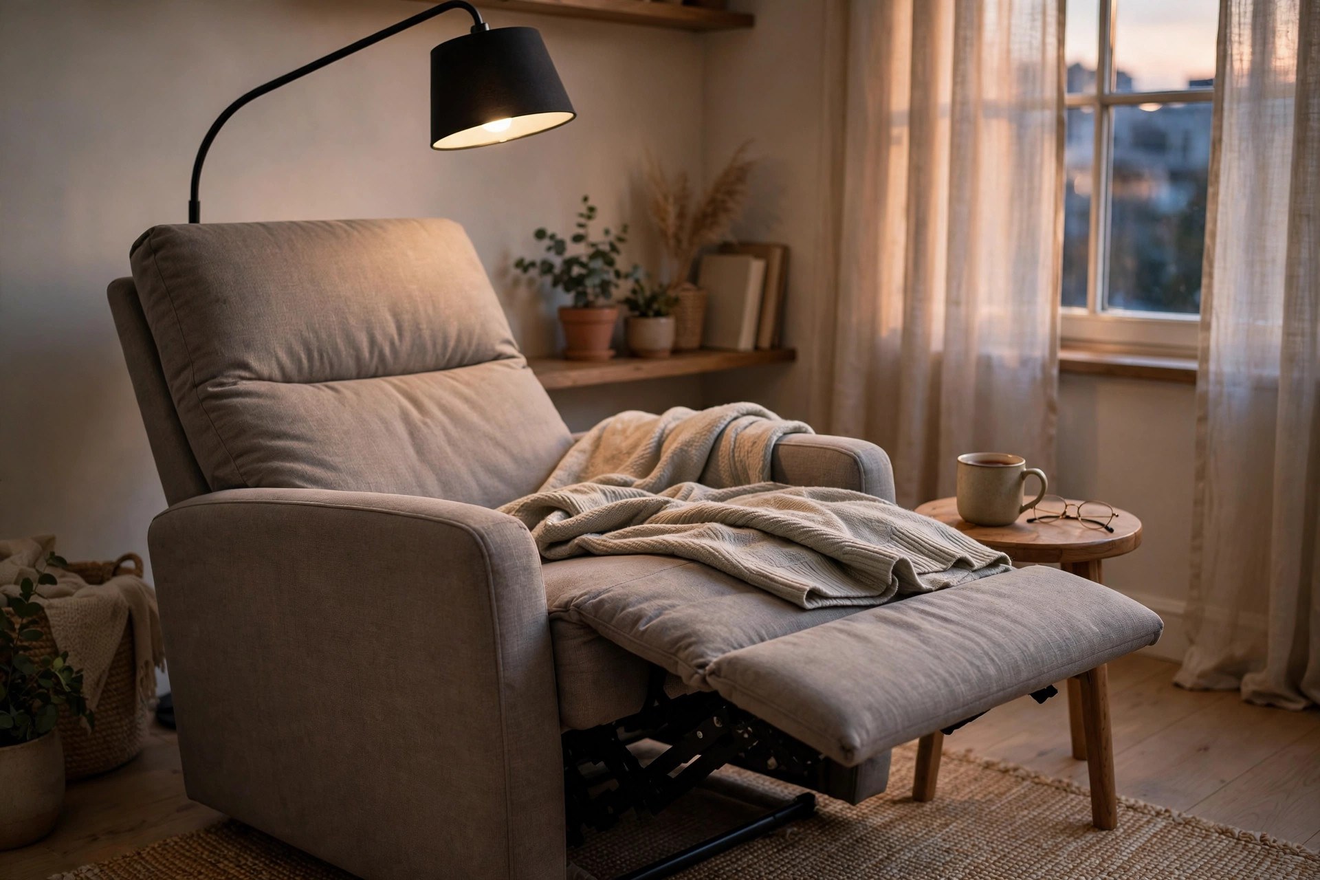 Slim grey fabric recliner with its footrest up under an arc lamp, a compact reclining reading chair for small spaces