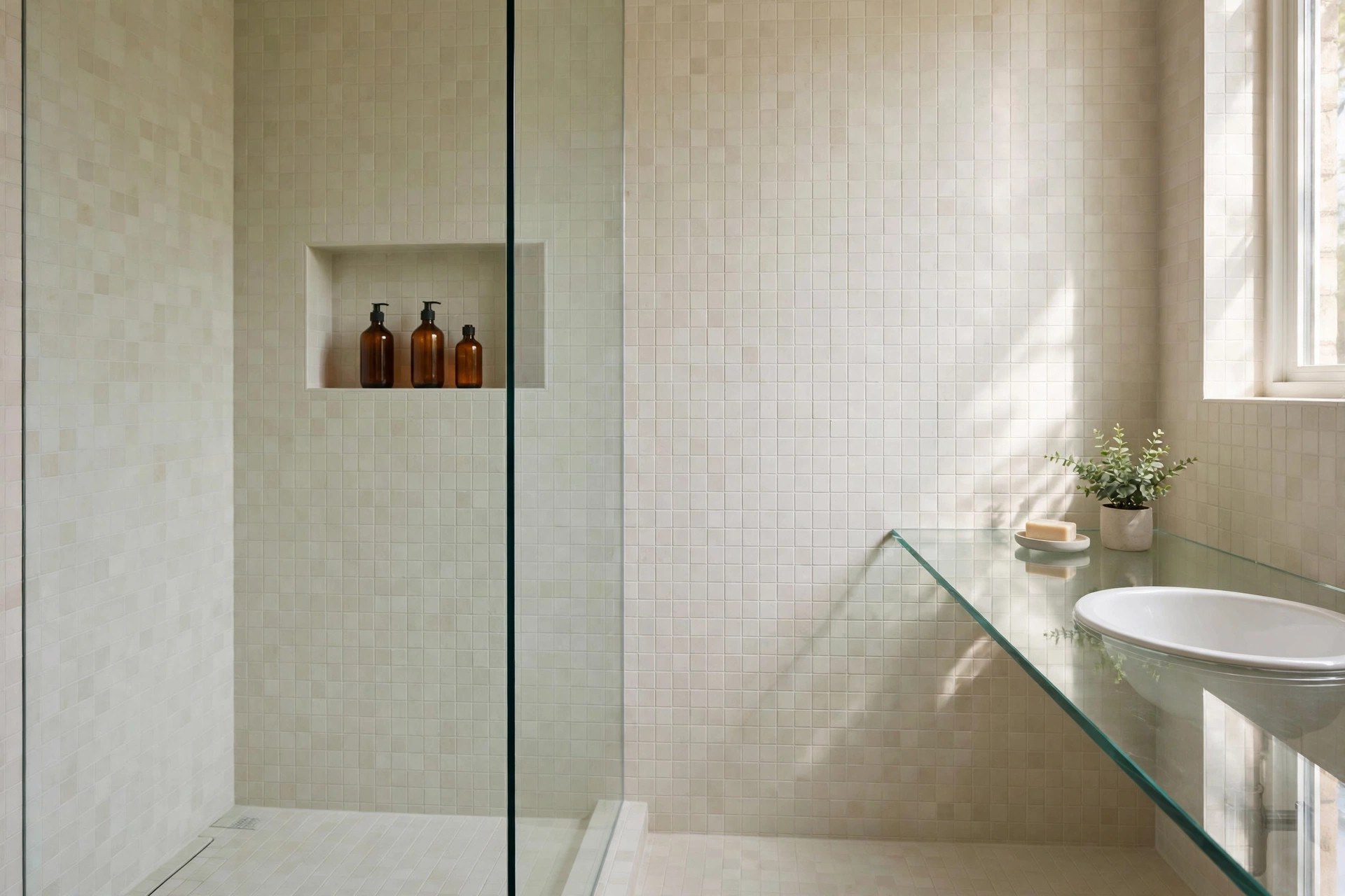 Recessed shower niche and clear worktops in a calm small bathroom