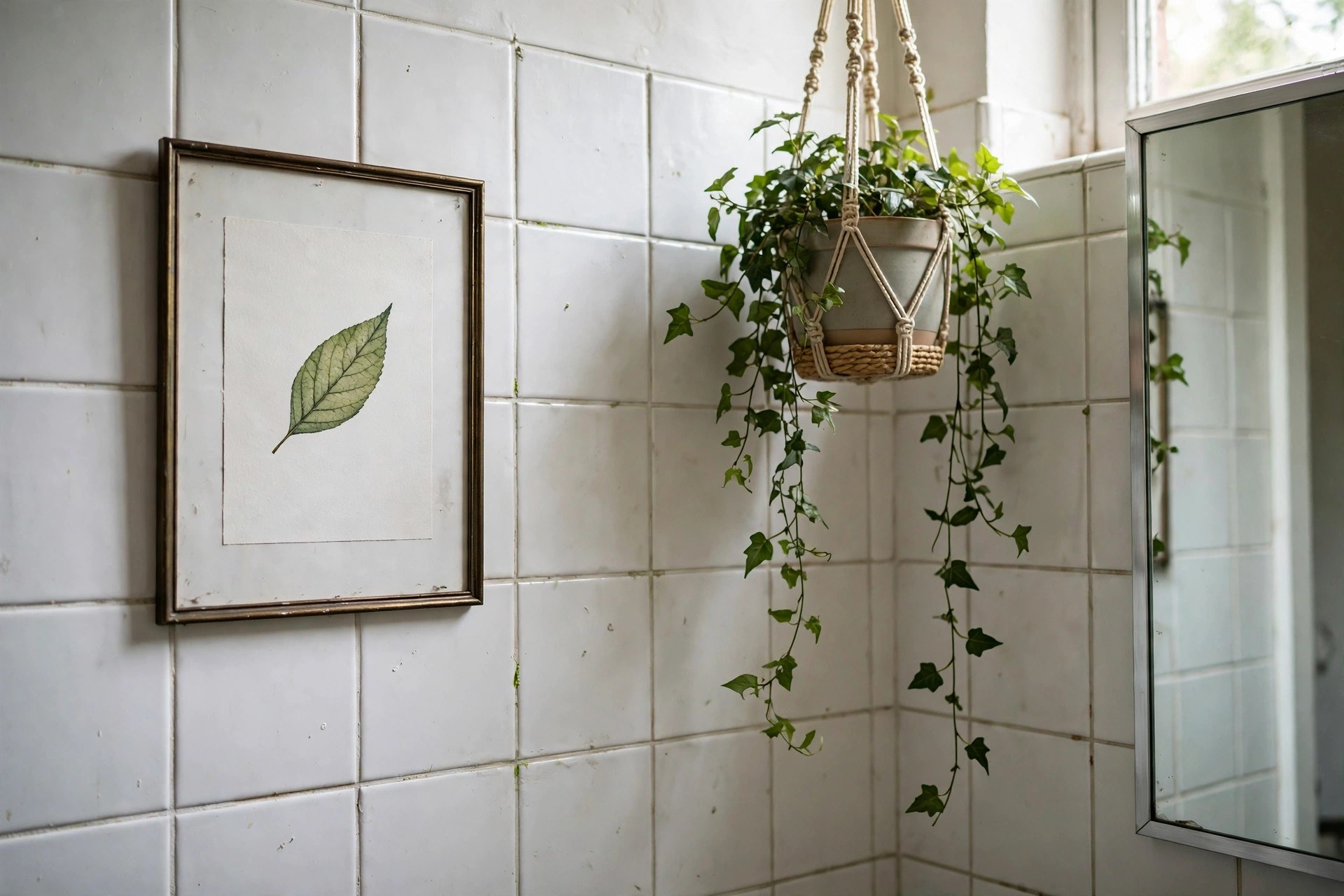 Framed botanical leaf print and a hanging plant on a tiled bathroom wall in a budget bathroom refresh