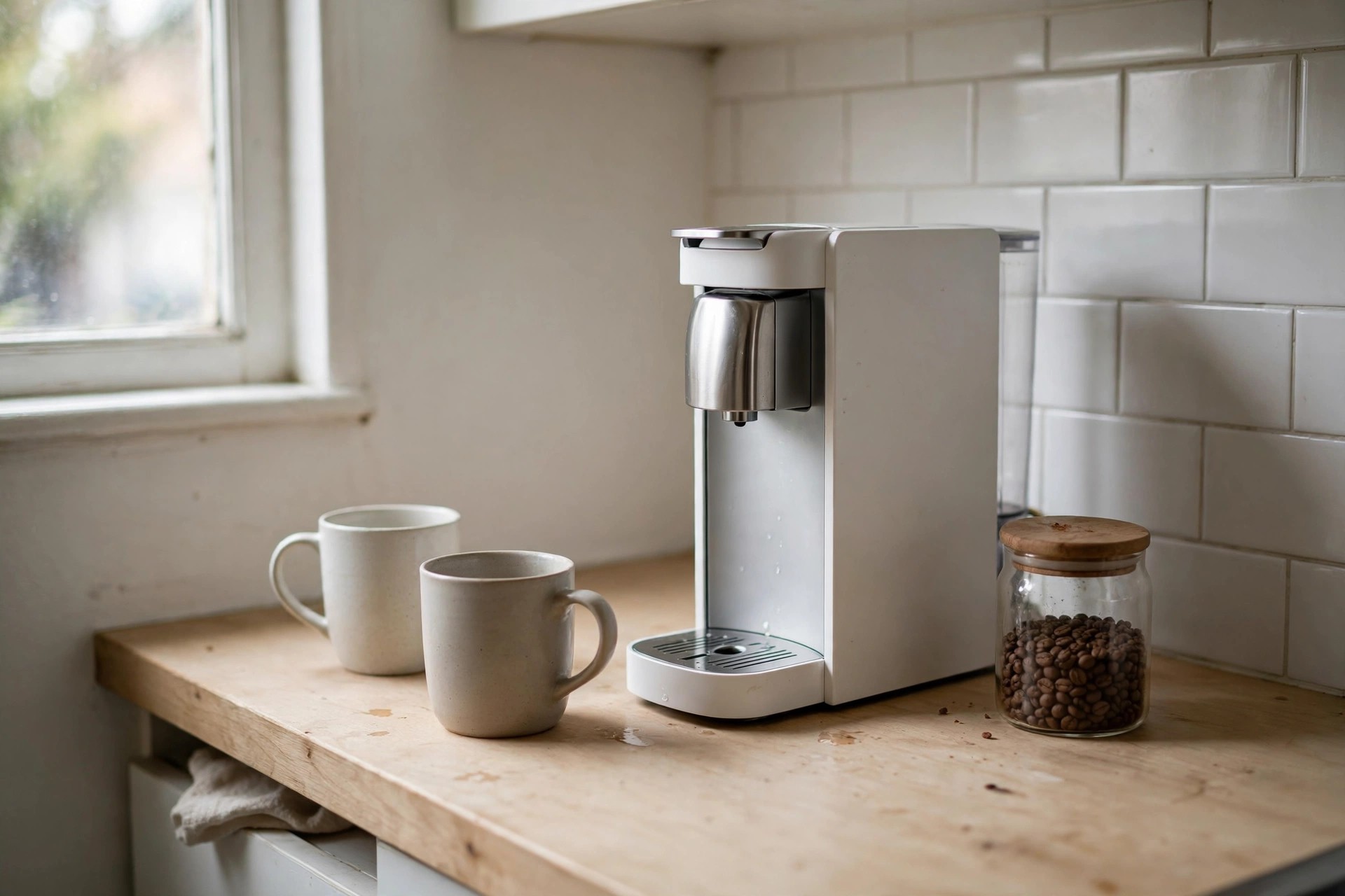 Minimalist single-serve coffee station with a slim machine, two mugs and a small jar on a clean counter