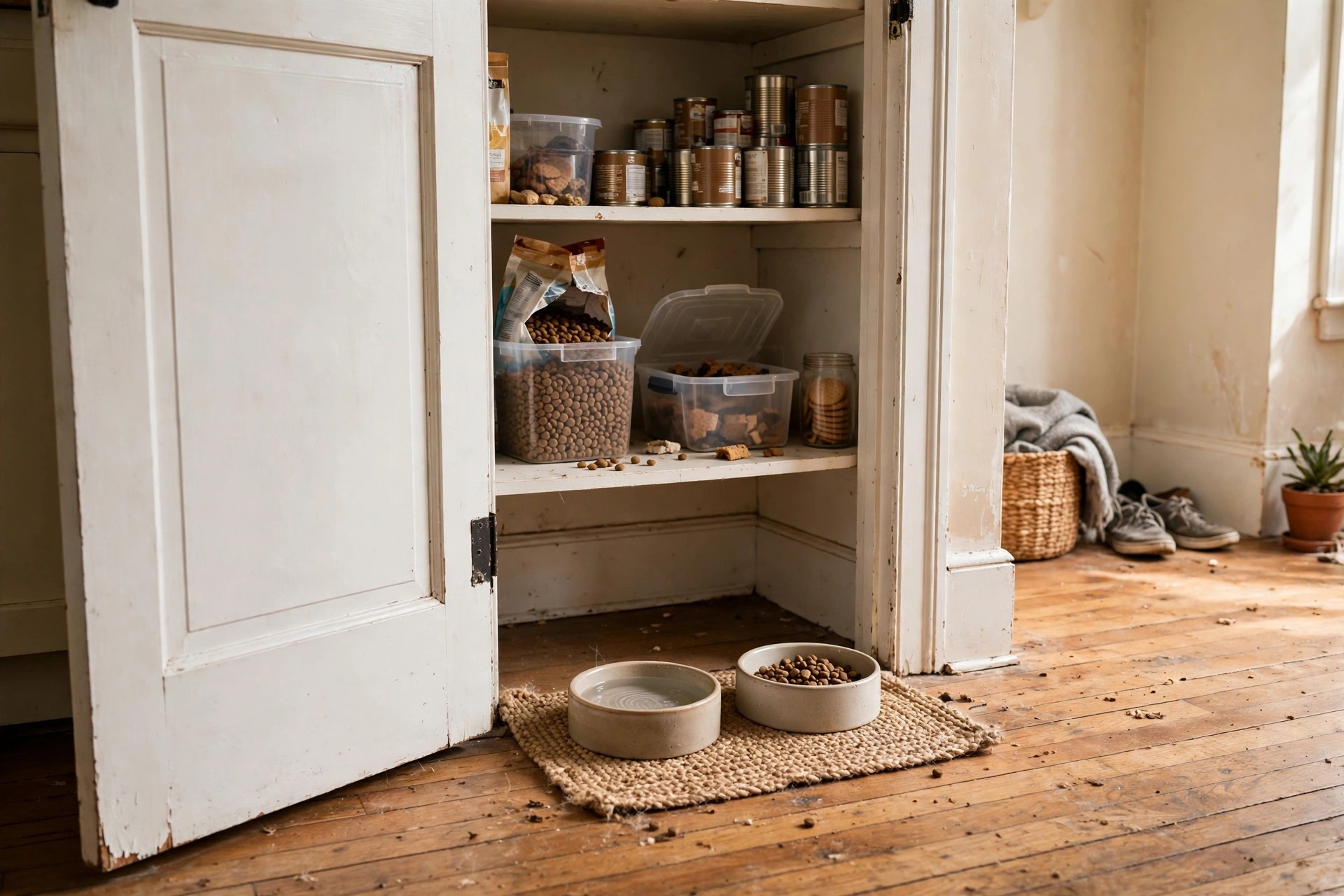 Pantry door pet feeding station with over-door storage for food and bowls on a mat below