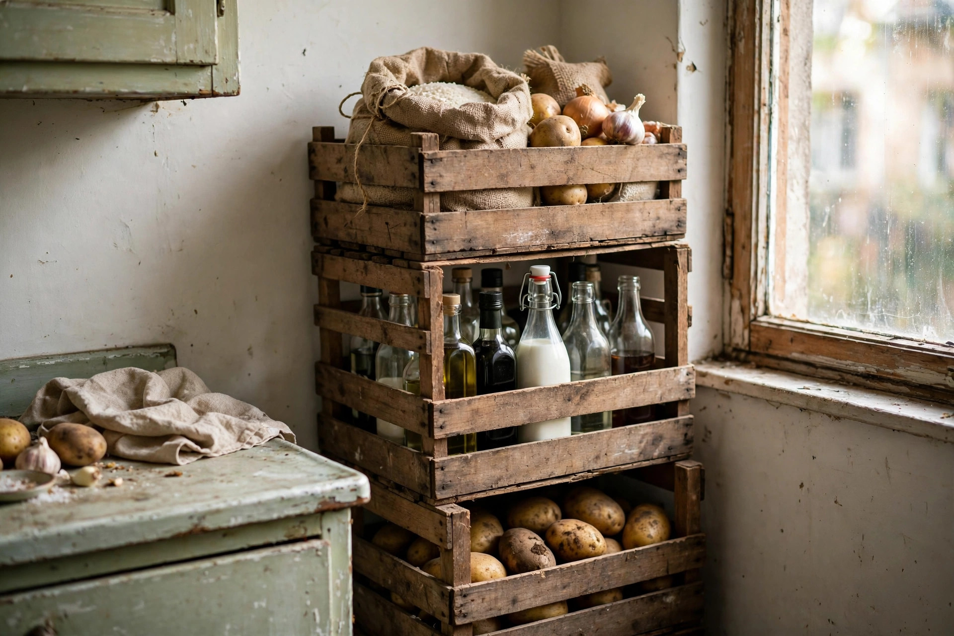 Stackable wooden crates in a kitchen corner holding potatoes drinks and bulky food items