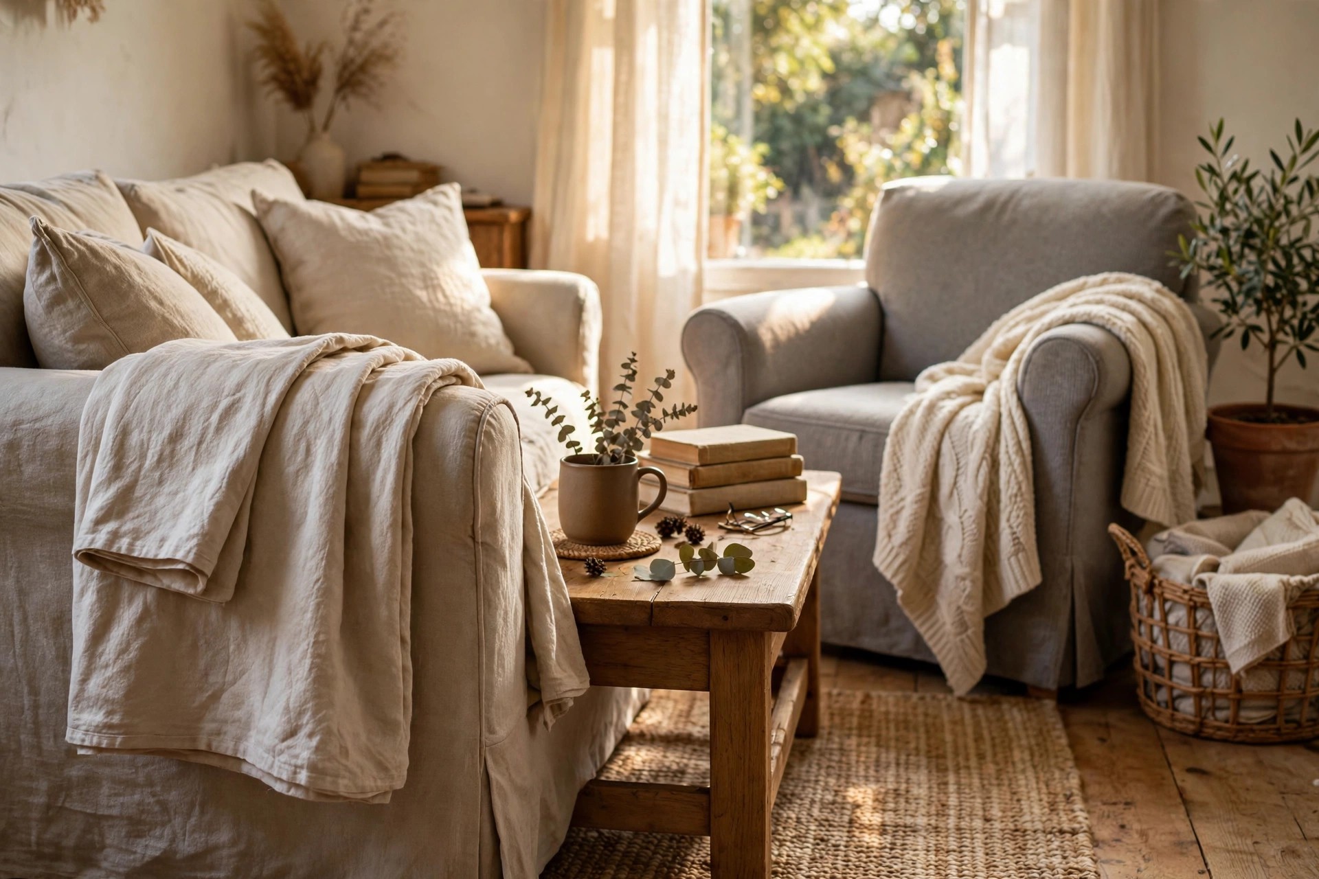 Washable throw blankets draped neatly over a sofa and armchair in a cat-friendly living room