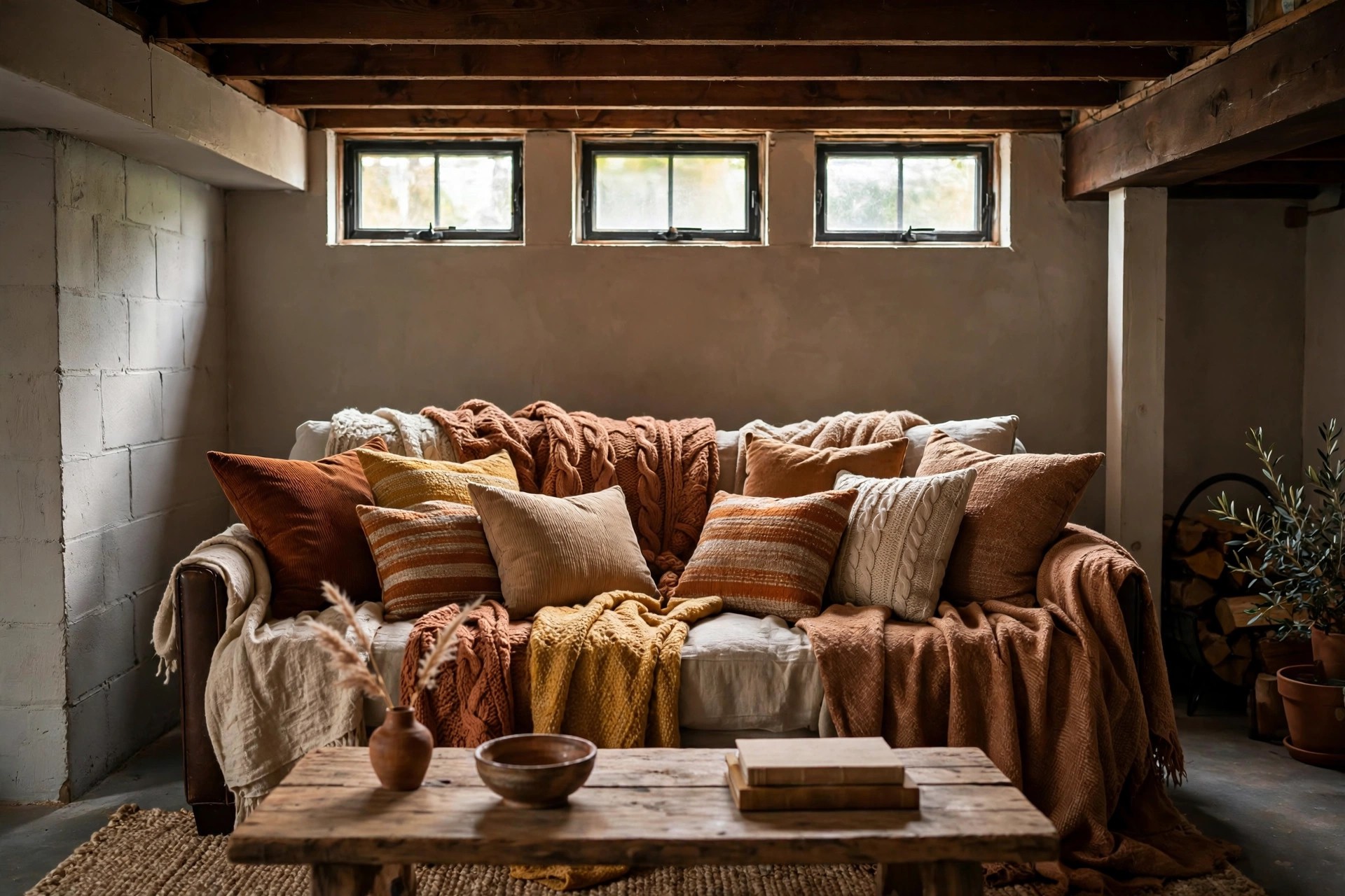 Layered throws and cushions in warm textures piled on a sofa in a basement living room