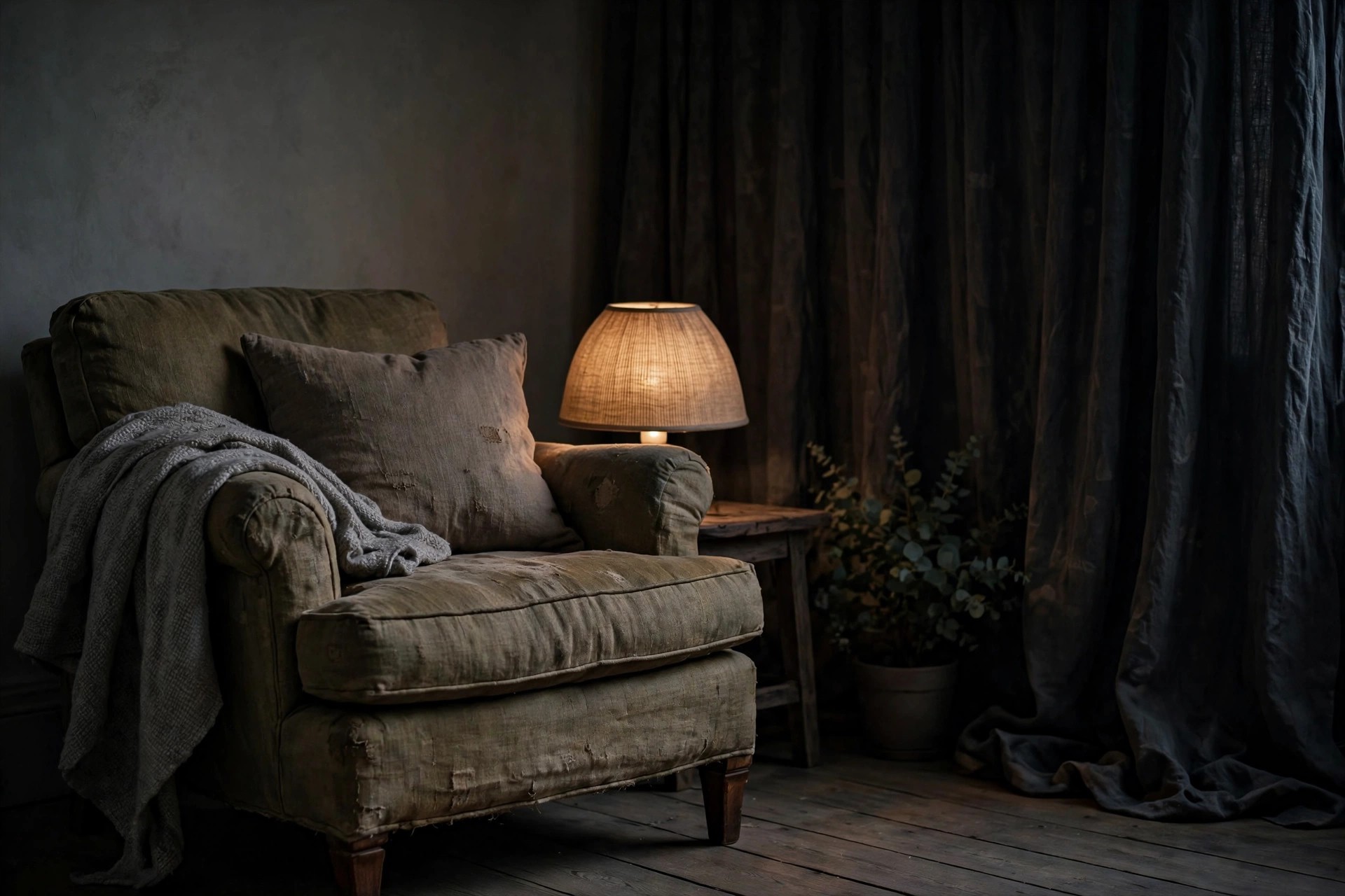 Quiet bedroom corner with a comfortable chair and low lamp for winding down