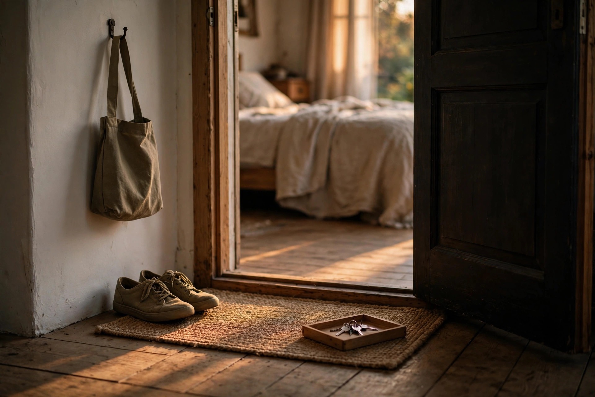 Landing strip just inside a bedroom door with a tray for keys, a bag and shoes placed quietly