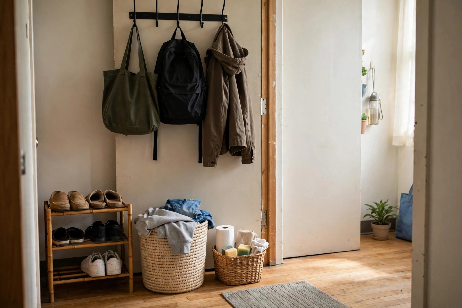 Tidy dorm entry with over-door hooks holding bags and a jacket, a slim shoe rack, laundry basket and supplies basket