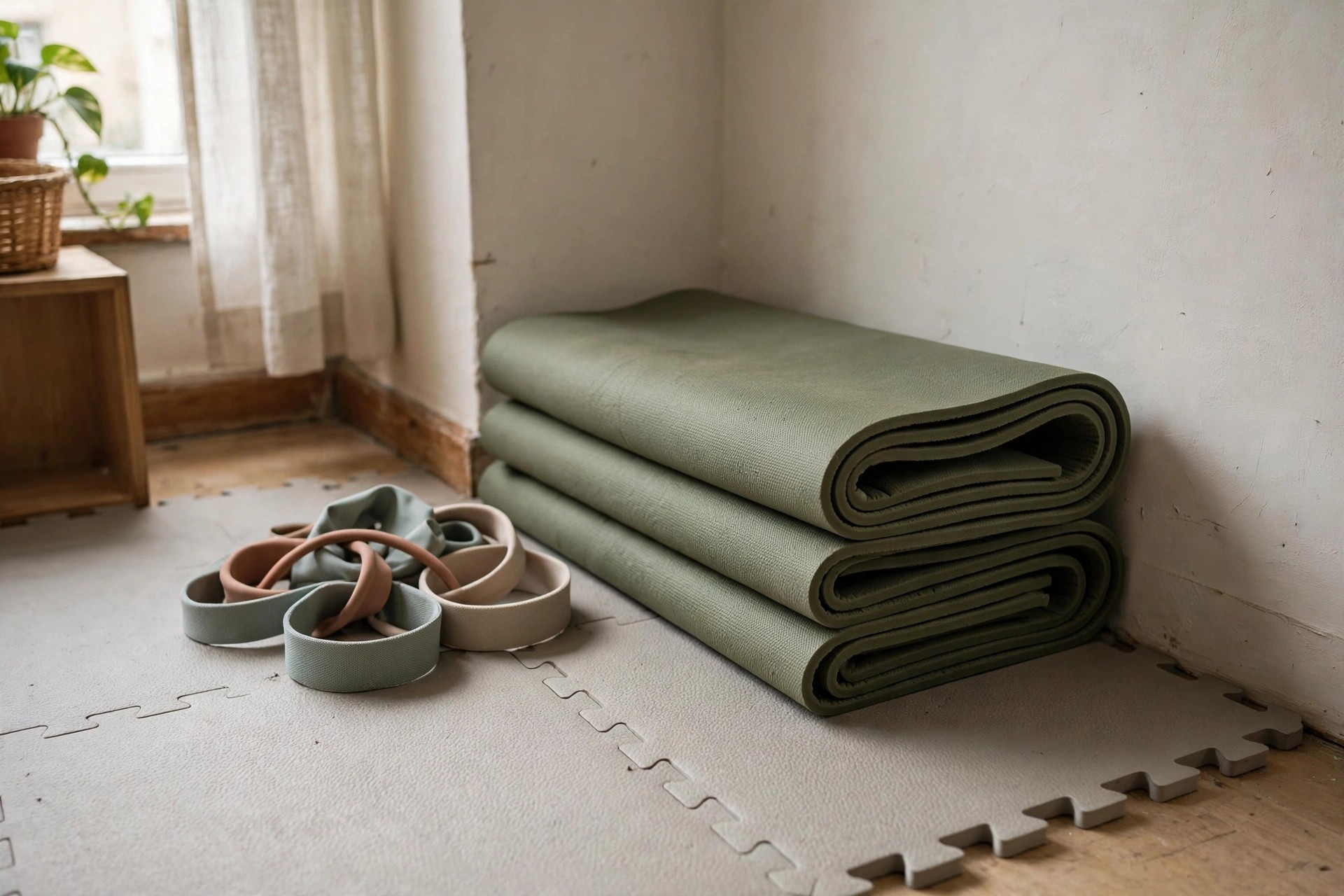 Quiet apartment-friendly workout gear including soft bands and a folded mat in a bedroom corner