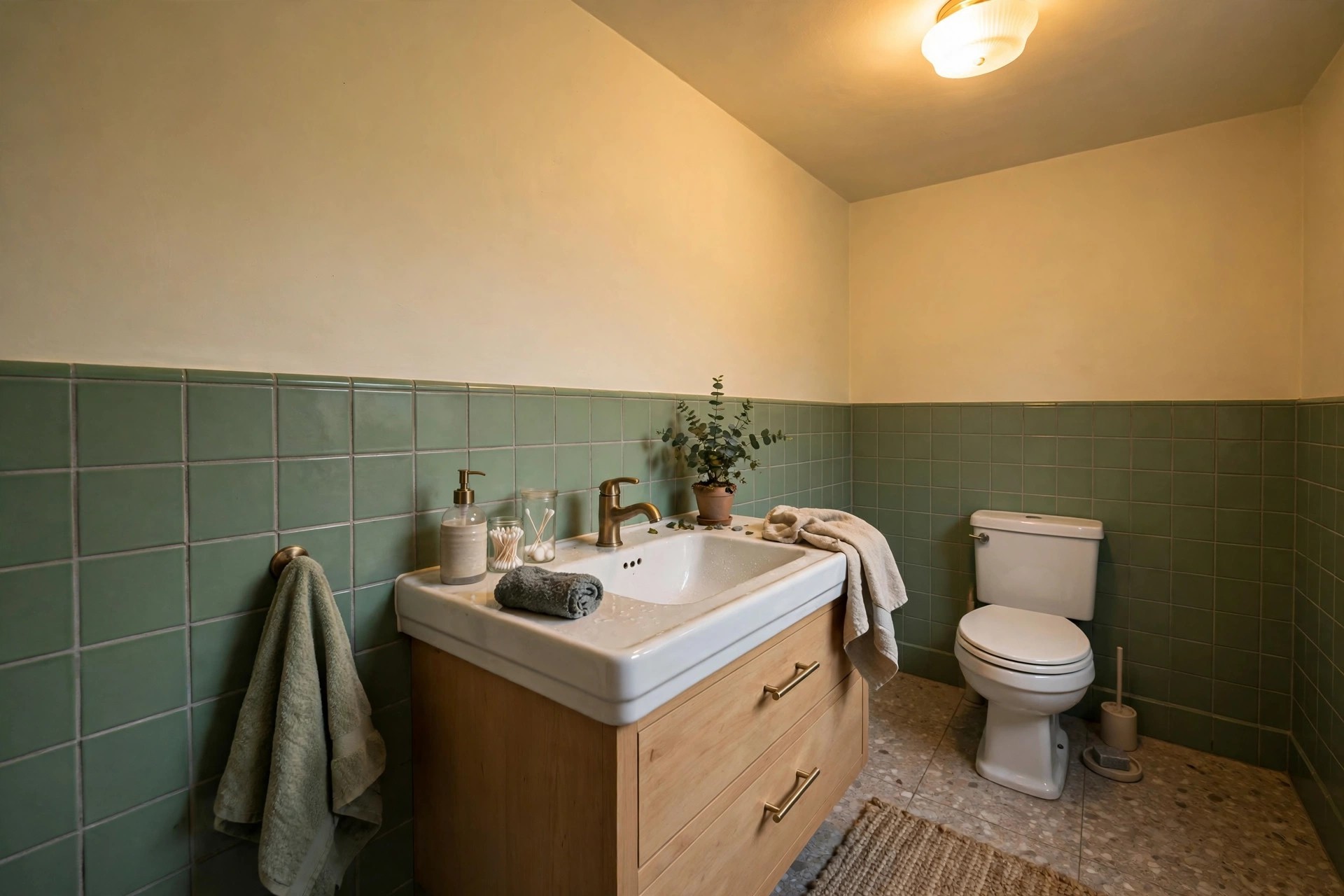 Two-tone windowless bathroom with pale upper walls and a deeper painted lower half