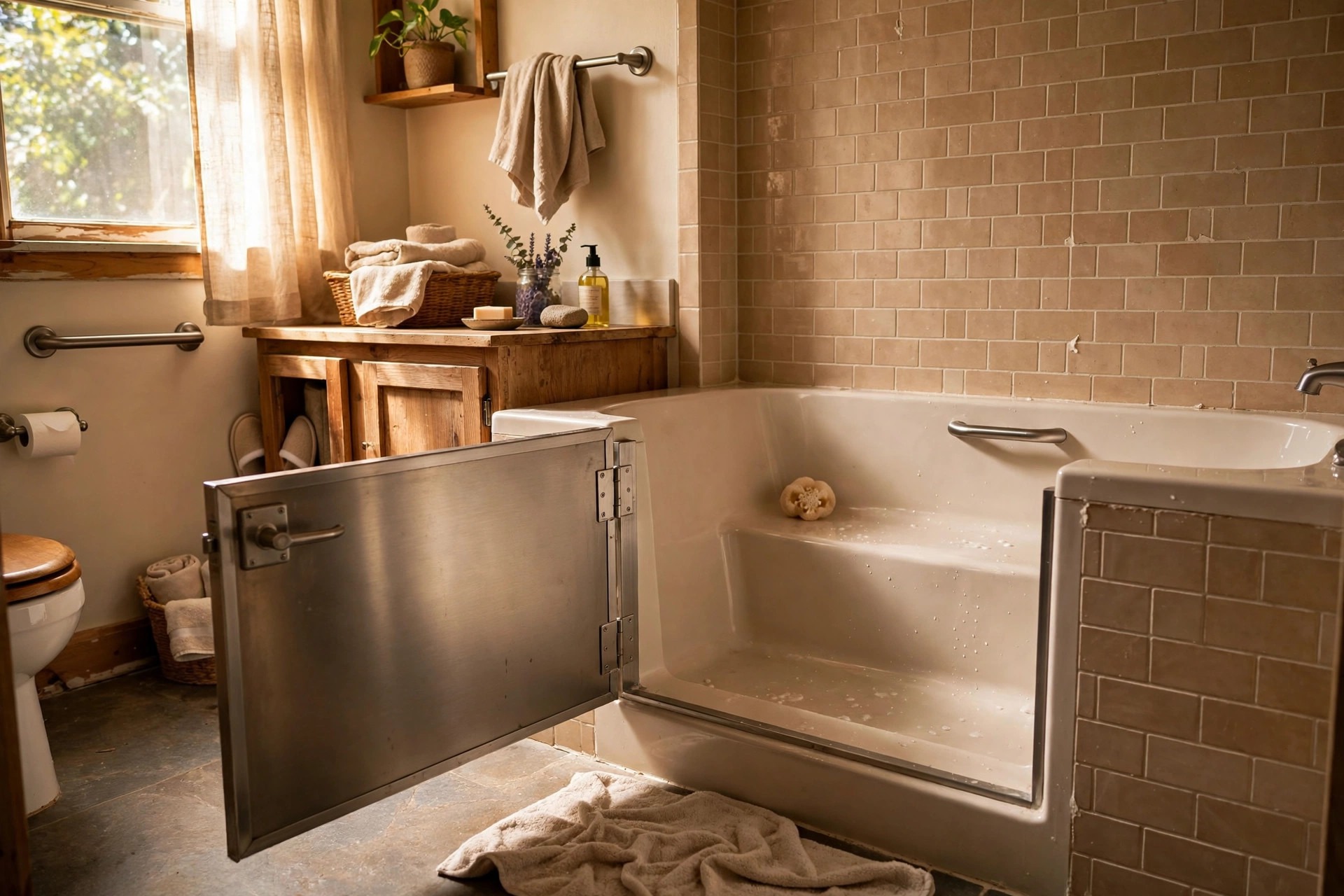 Walk-in tub with a low entry door and built-in seat in a bathroom for elderly parents who love bathing