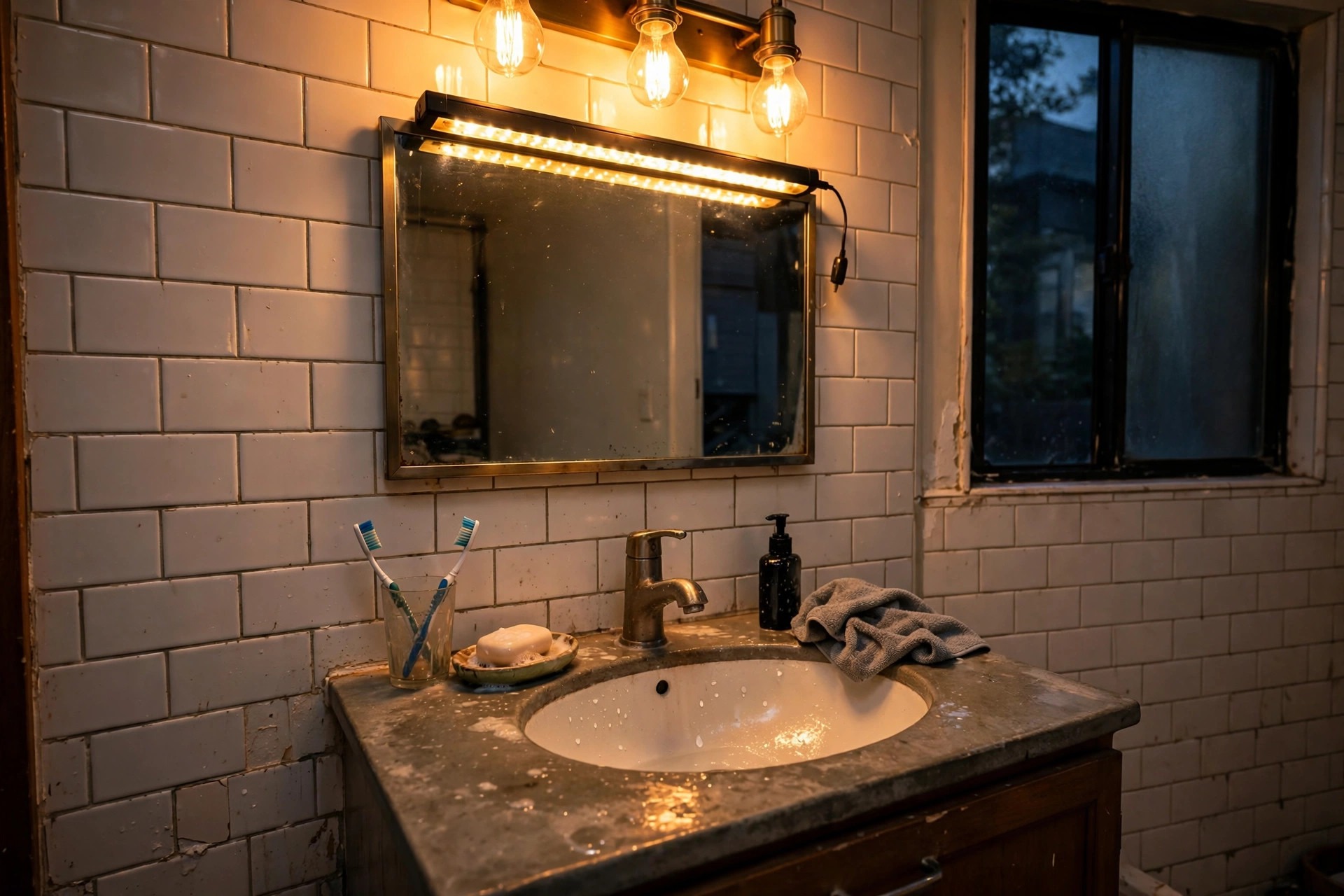 Rechargeable LED light bar and warm bulbs above a bathroom mirror in a renter friendly bathroom idea with no drilling