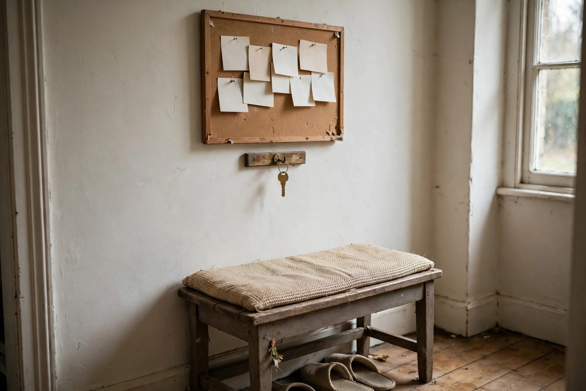 Notice board with walker notes and vet cards in a dog owner entryway command centre