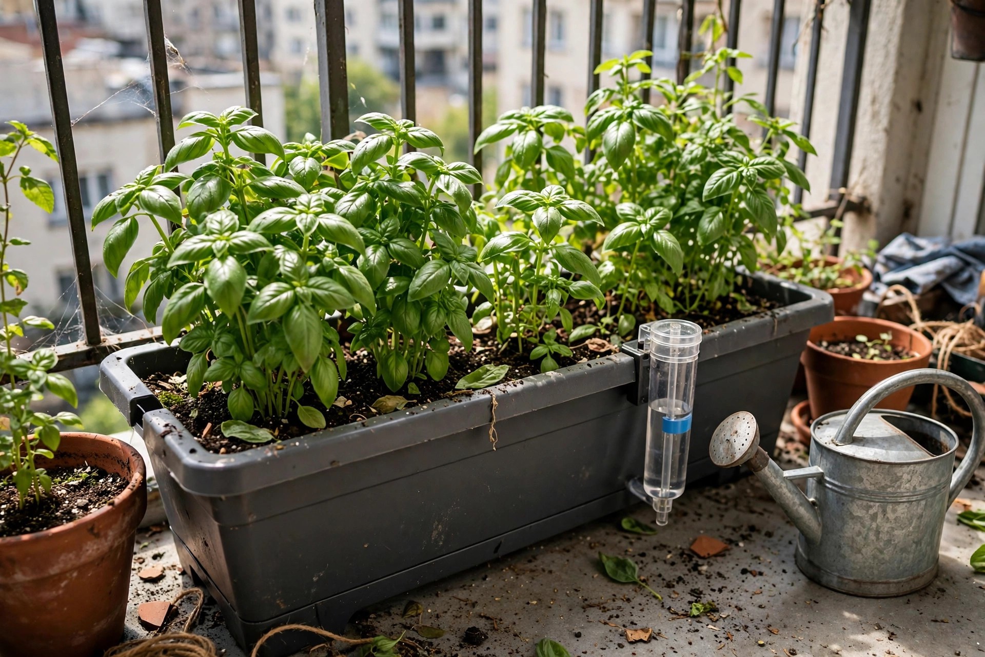 A self-watering trough of lush basil in a sunny apartment balcony herb garden
