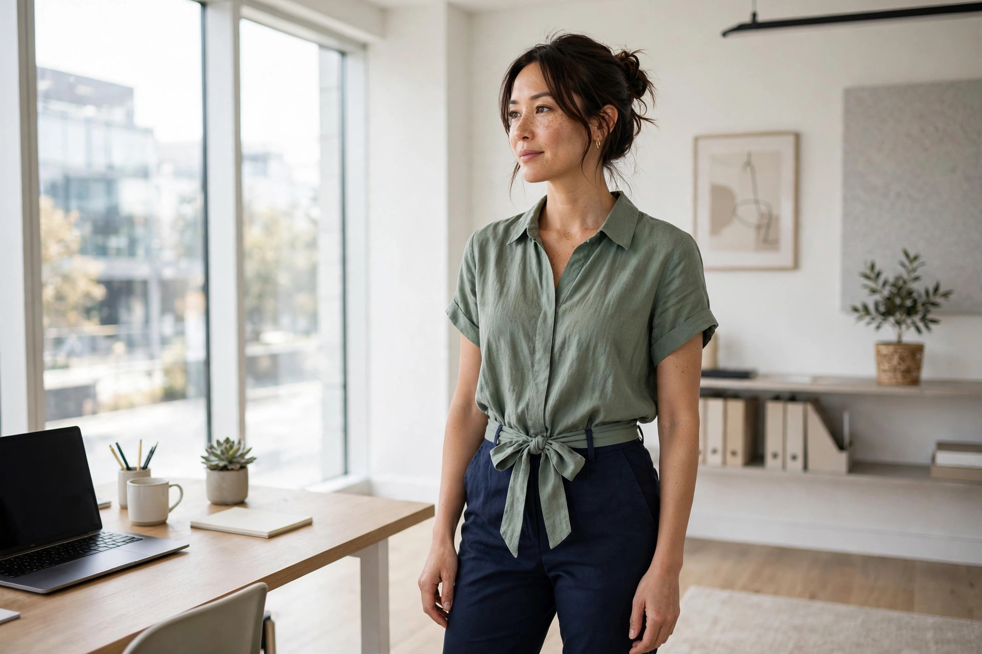 Apple shaped woman wearing an olive knit wrap top with beige tailored trousers in an office