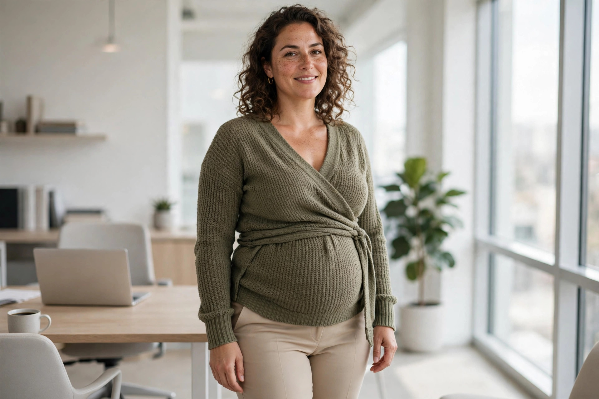 Hourglass woman in a sage green tie-waist blouse with navy tapered ankle trousers in an office