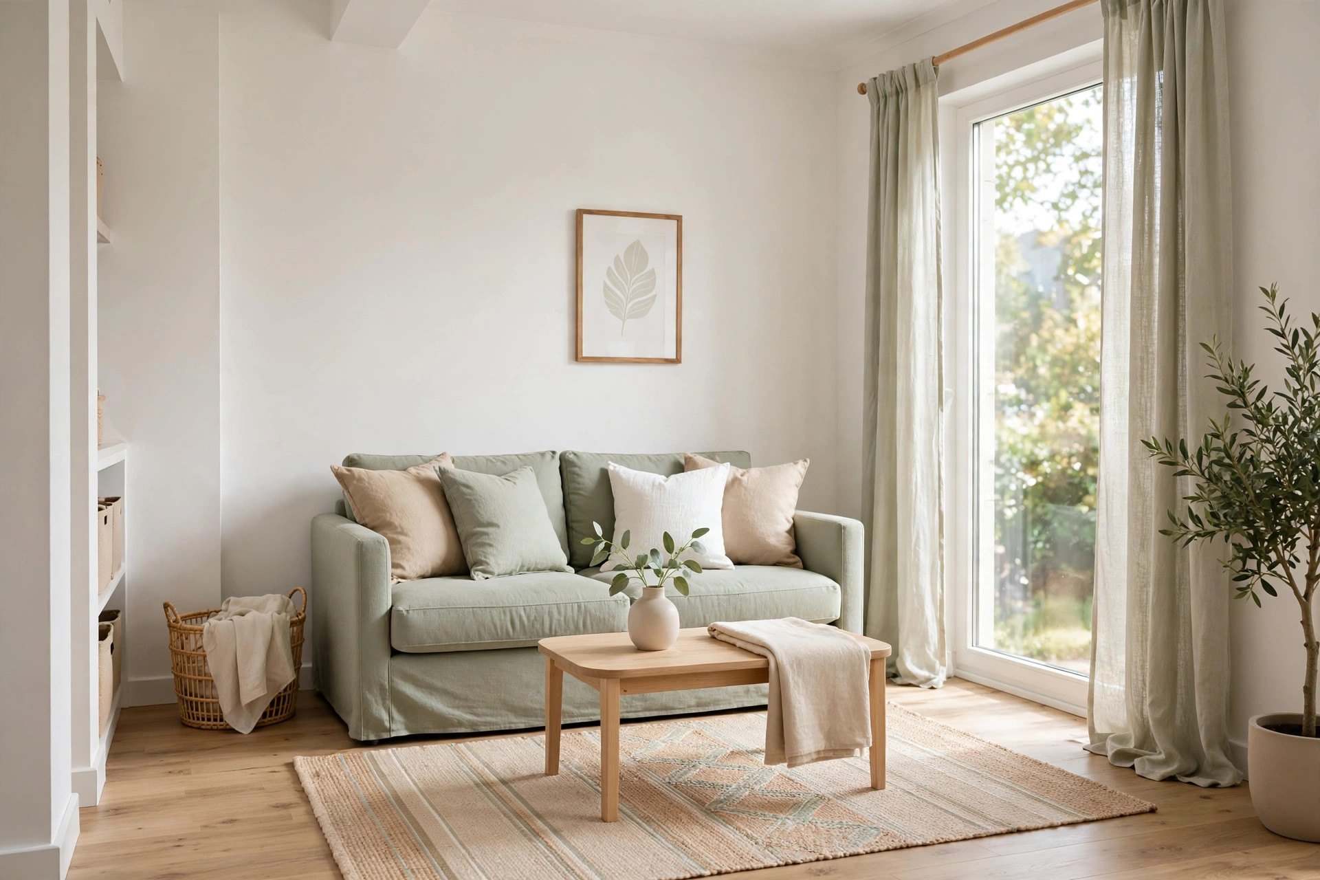 Light cohesive living room in white, beige and soft sage with a sage loveseat, matching cushions and pale curtains