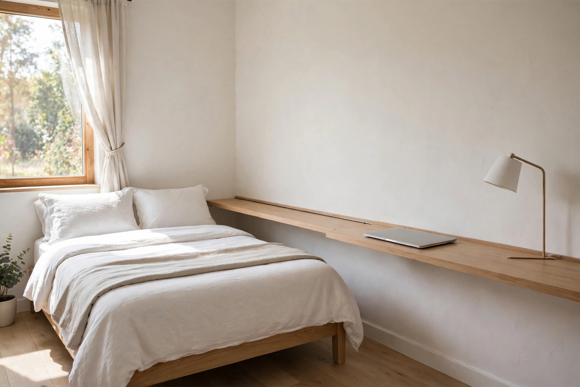 Long narrow ledge-style fold-down desk running along the wall beside a bed in a small bedroom