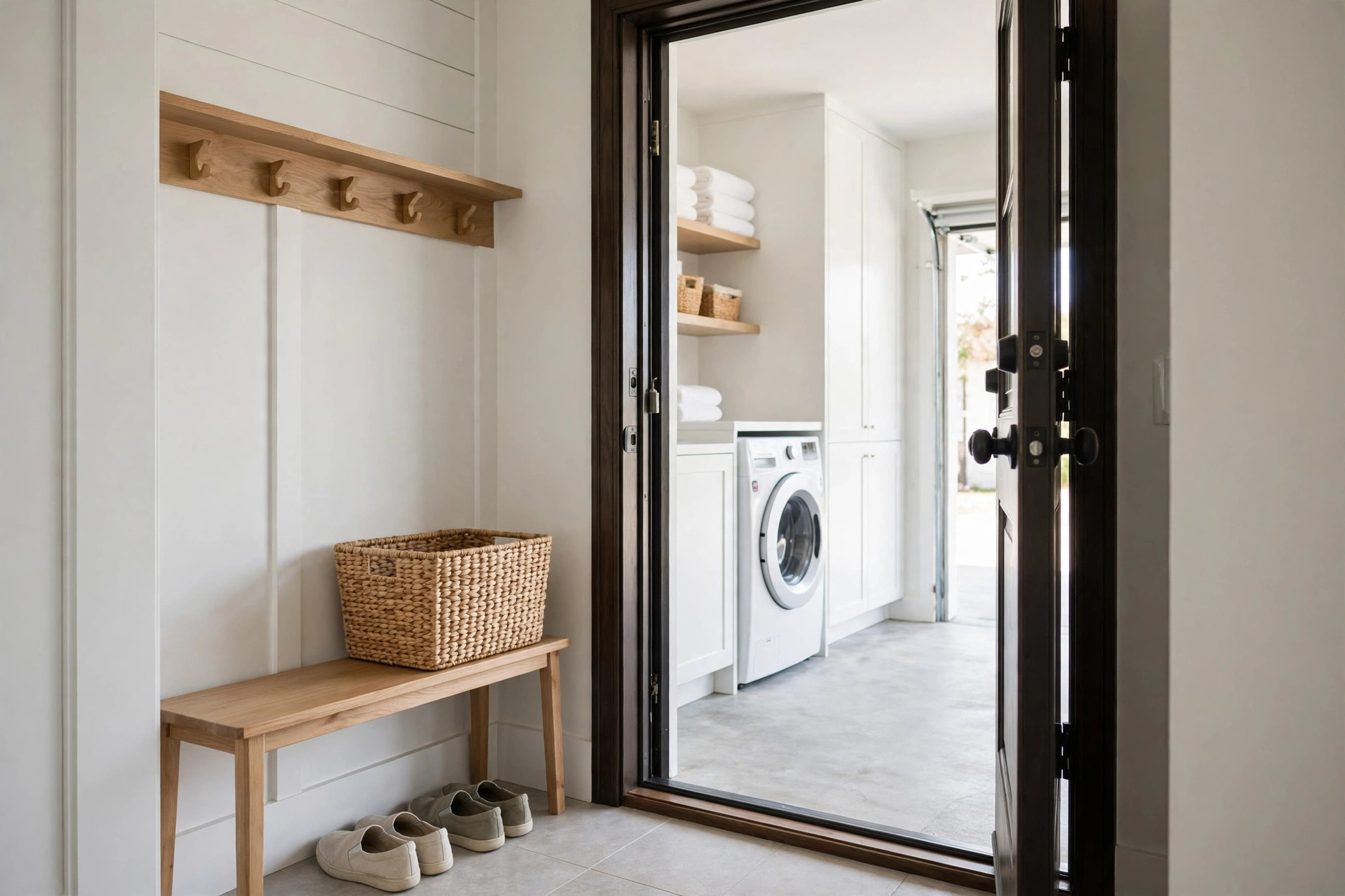 Landing strip by a house door with a wooden hook rail, bench, woven laundry basket and slip-on shoes, laundry room beyond