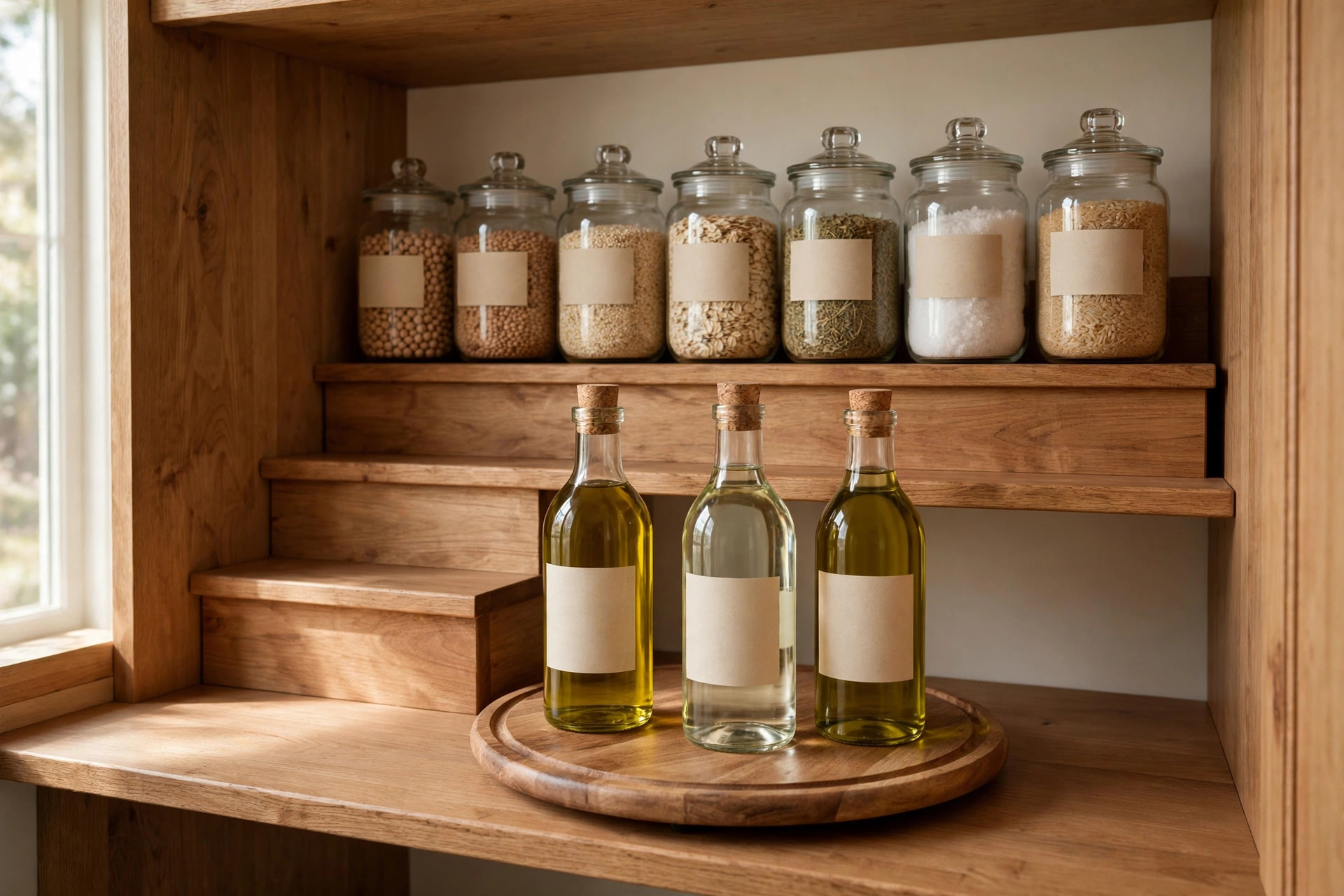 Stepped wooden shelf riser with jars and a round turntable holding oil and vinegar bottles