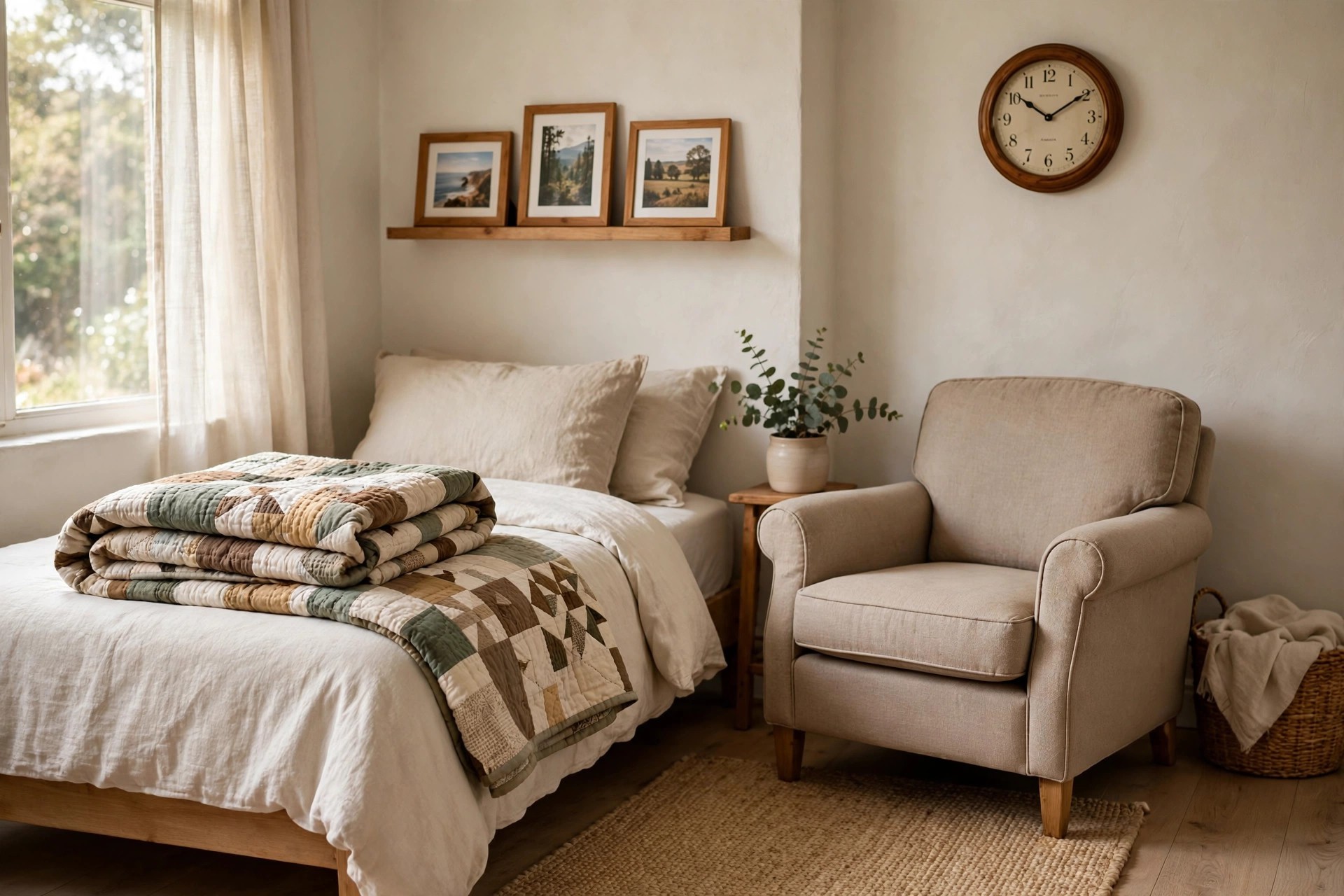 Warm bedroom corner with framed photos on a shelf, a folded patchwork quilt and a classic wall clock
