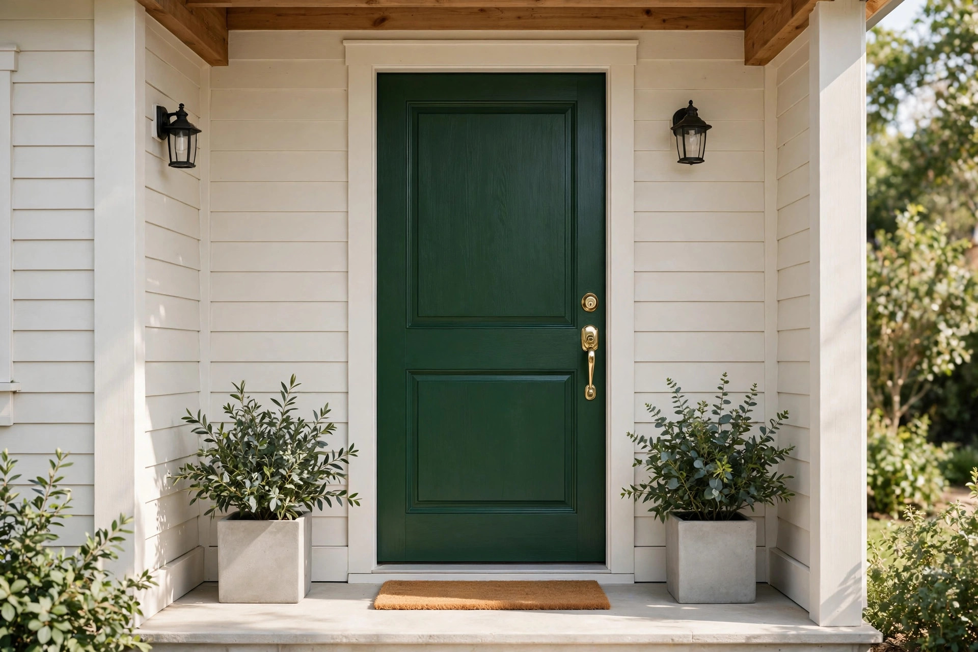 Freshly painted deep green front door with brass handle and simple planters on a clean small porch