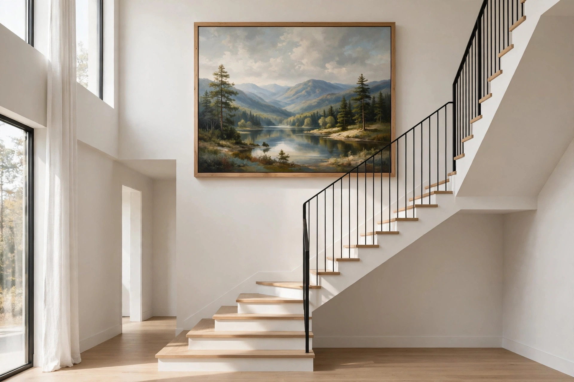 One oversized landscape painting as a statement piece above a staircase