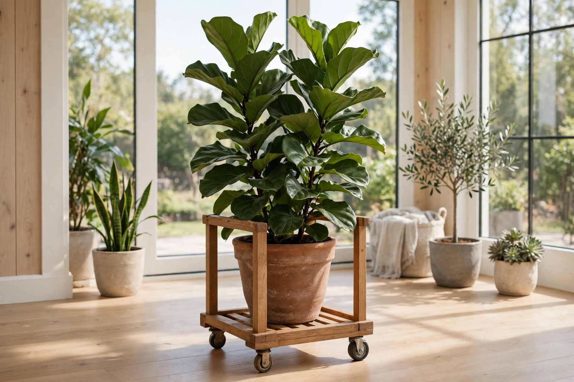 Large fiddle-leaf fig in a terracotta pot on a wooden rolling plant caddy with castor wheels in a sunroom