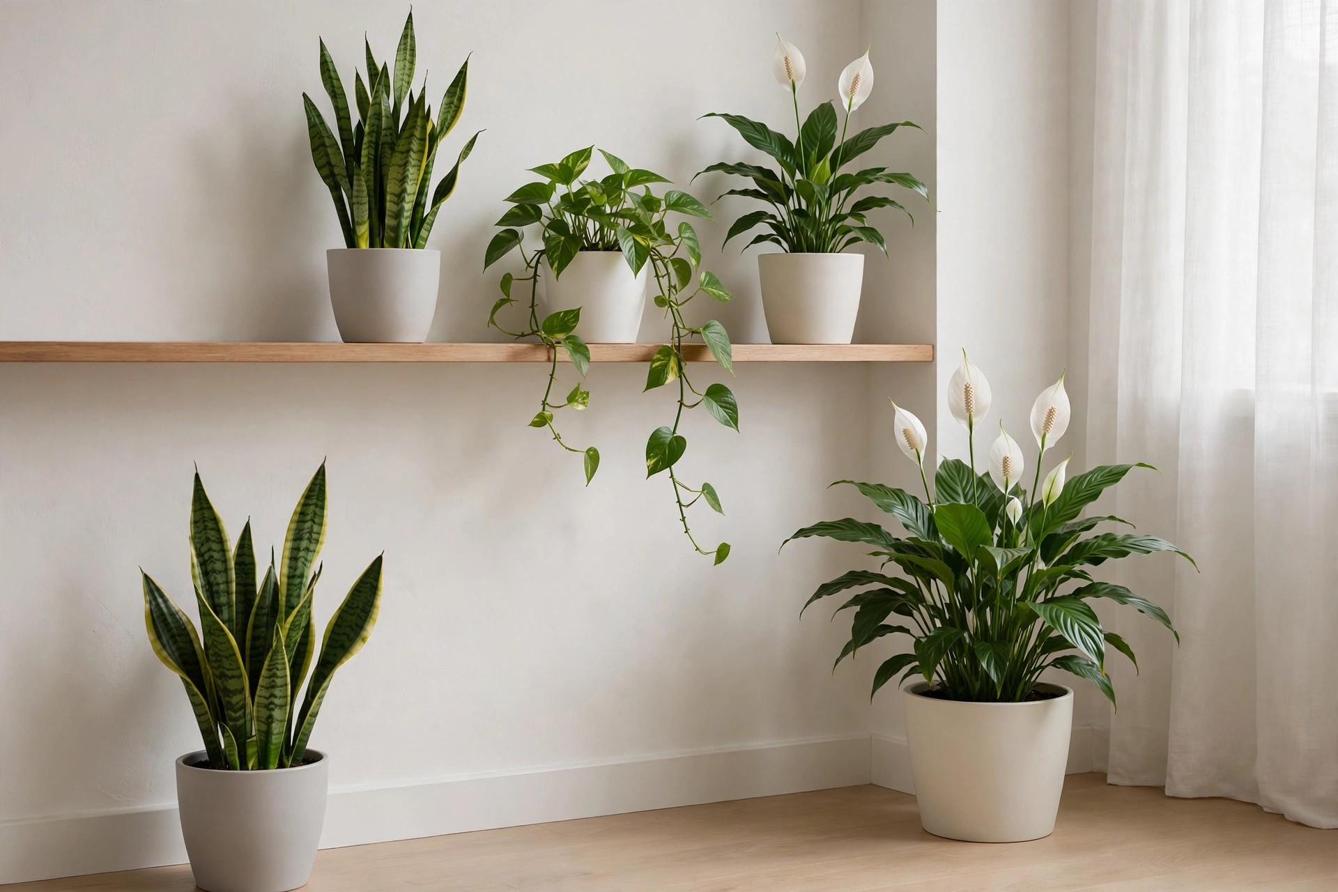 Low-light plants including snake plants, pothos and peace lilies in white pots on a shelf and floor in soft light